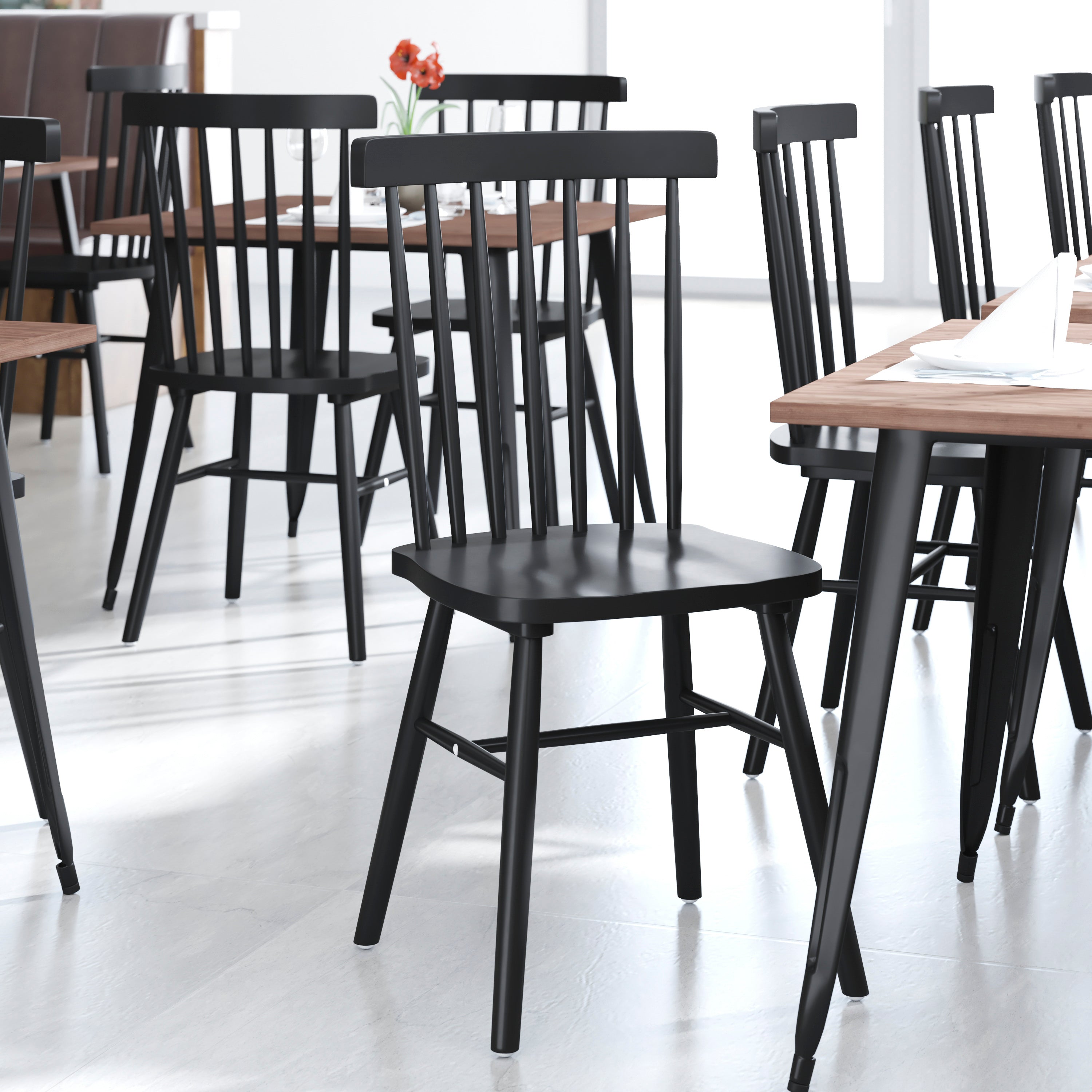 Ingrid Set of 2 Commercial Grade Windsor Dining Chairs, Solid Wood Armless Spindle Back Restaurant Dining Chairs in Black