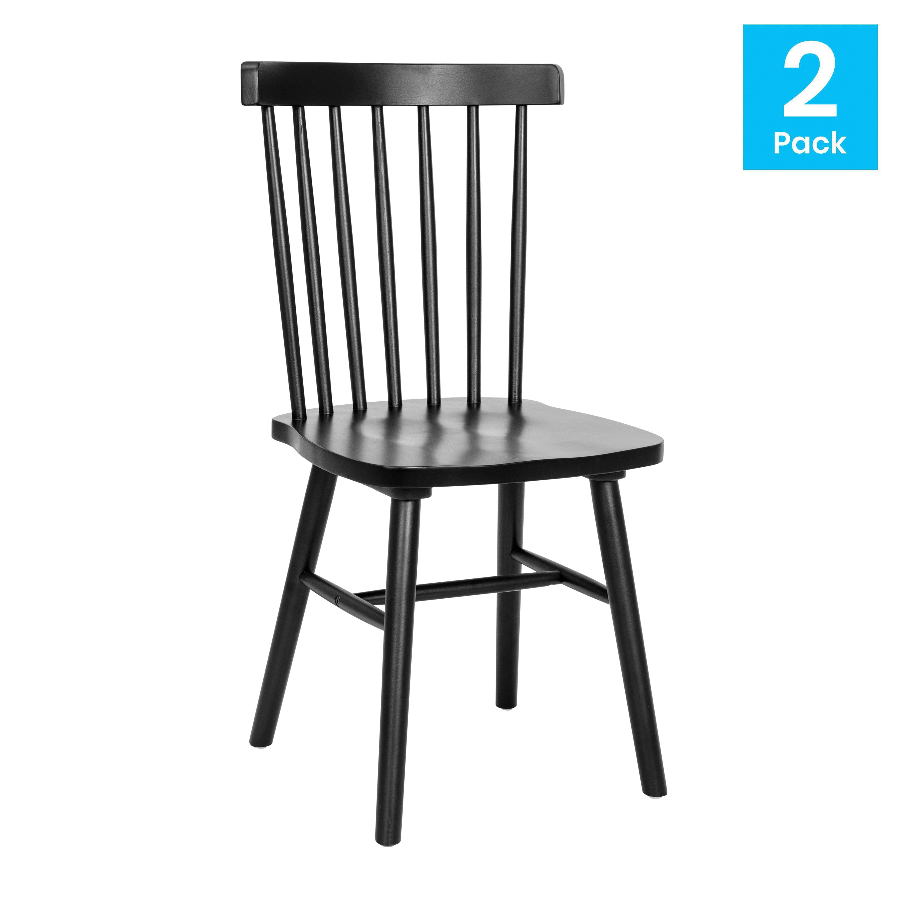 Ingrid Set of 2 Commercial Grade Windsor Dining Chairs, Solid Wood Armless Spindle Back Restaurant Dining Chairs in Black