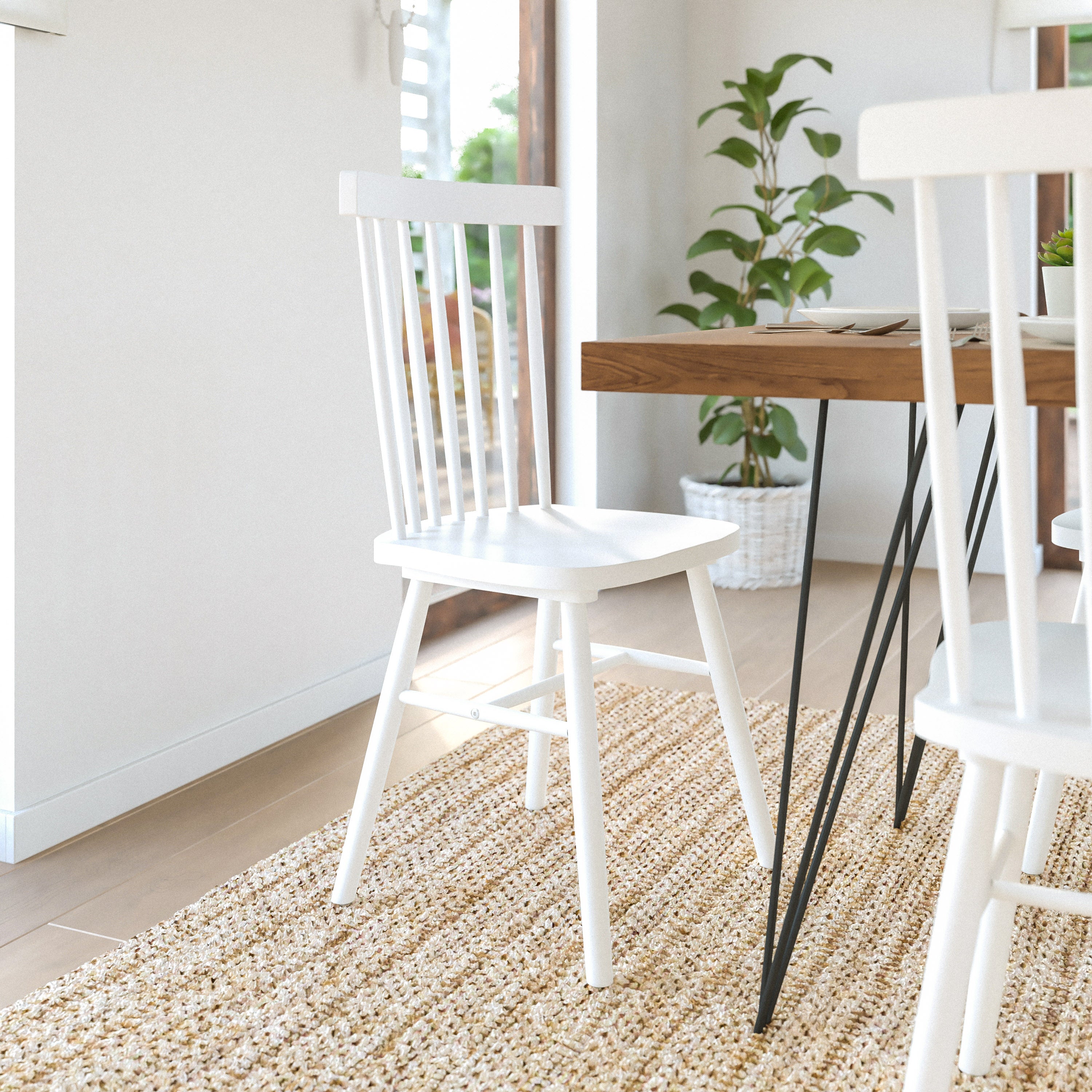 Ingrid Set of 2 Commercial Grade Windsor Dining Chairs, Solid Wood Armless Spindle Back Restaurant Dining Chairs in White