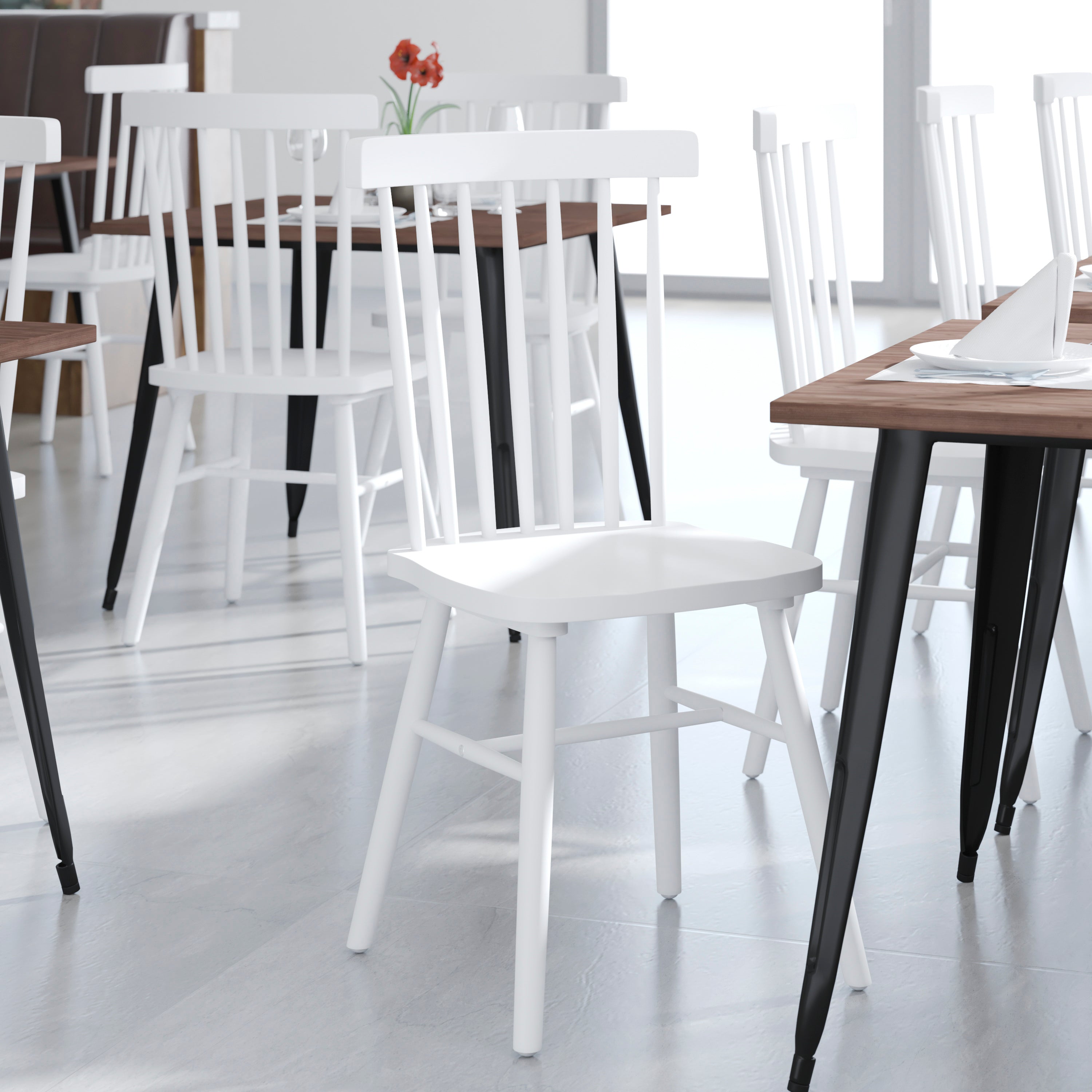 Ingrid Set of 2 Commercial Grade Windsor Dining Chairs, Solid Wood Armless Spindle Back Restaurant Dining Chairs in White