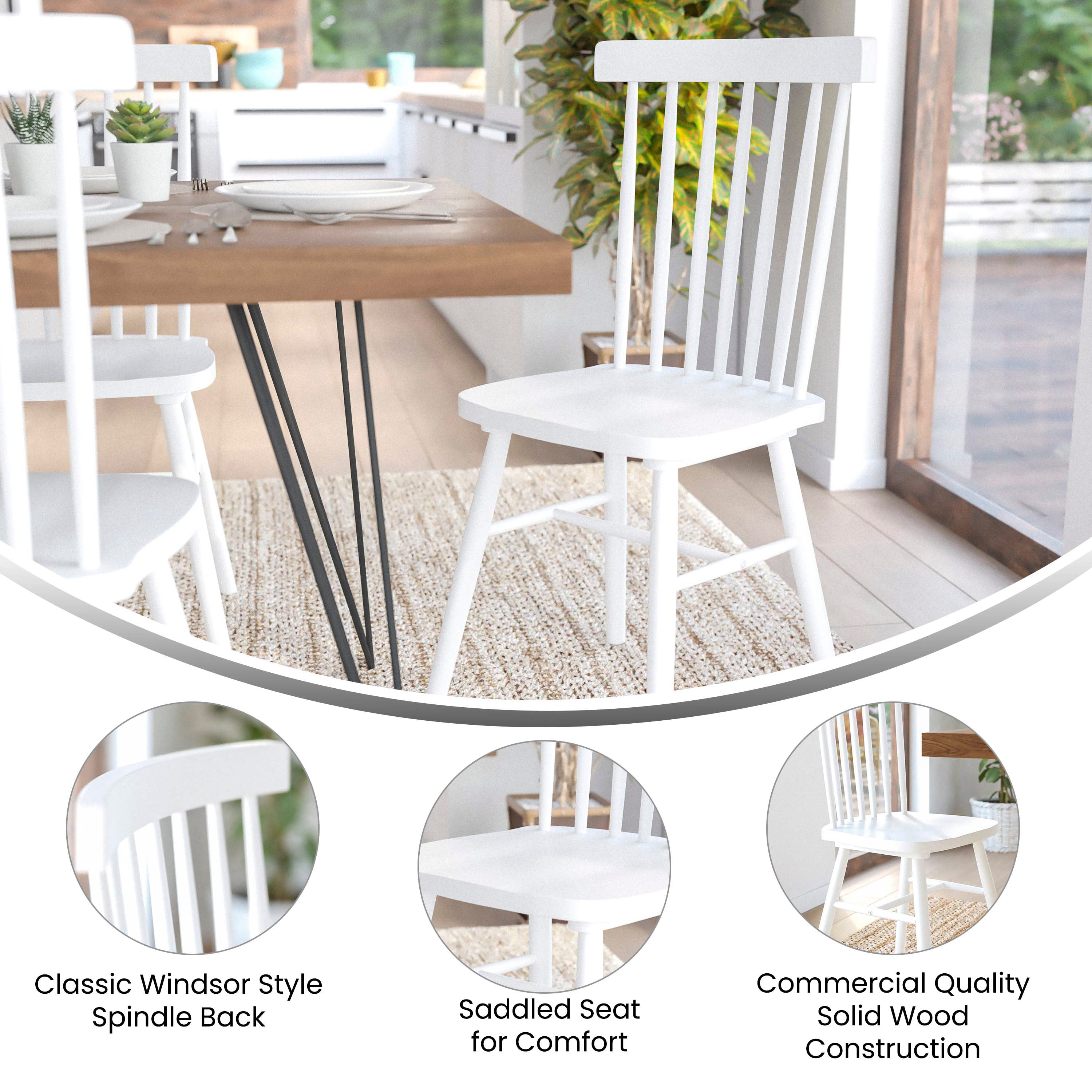 Ingrid Set of 2 Commercial Grade Windsor Dining Chairs, Solid Wood Armless Spindle Back Restaurant Dining Chairs in White