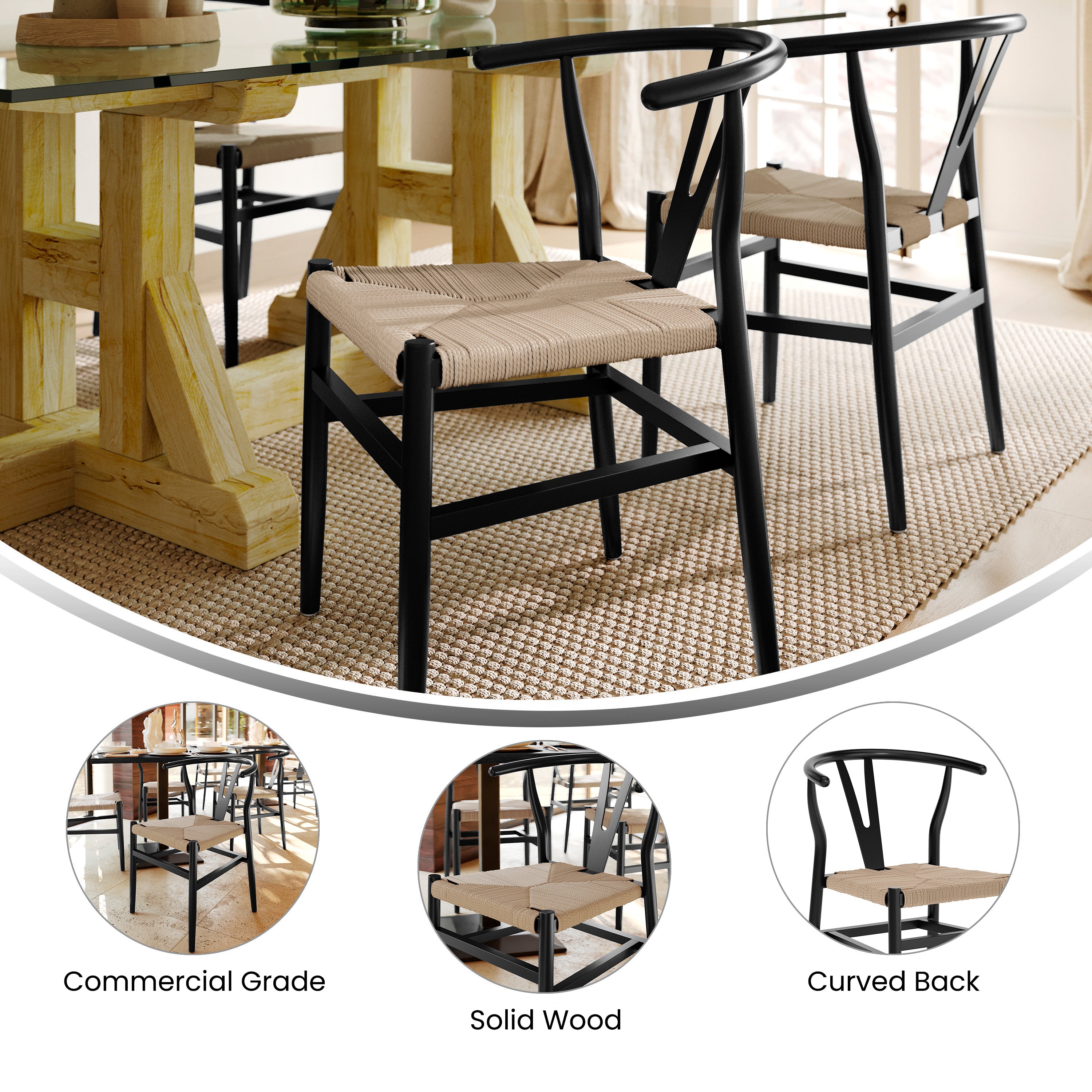 Logan Commercial Grade Y-Back Style Wood and Kraft Paper Stackable Dining Chair with Black/Natural Finish