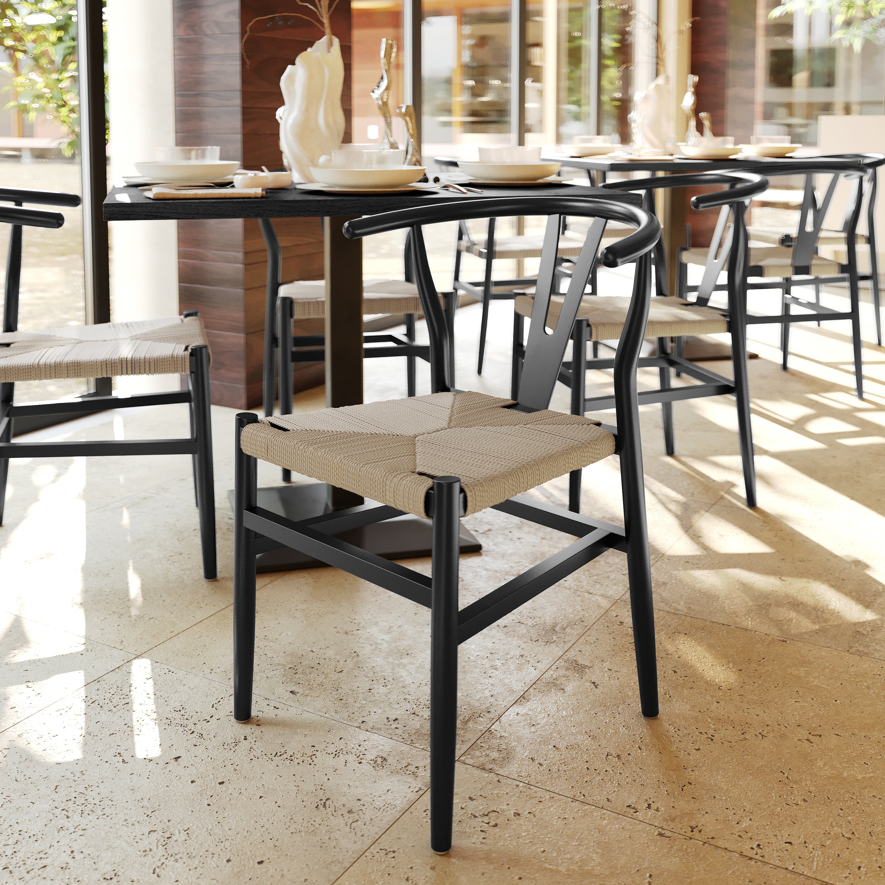 Logan Commercial Grade Y-Back Style Wood and Kraft Paper Stackable Dining Chair with Black/Natural Finish