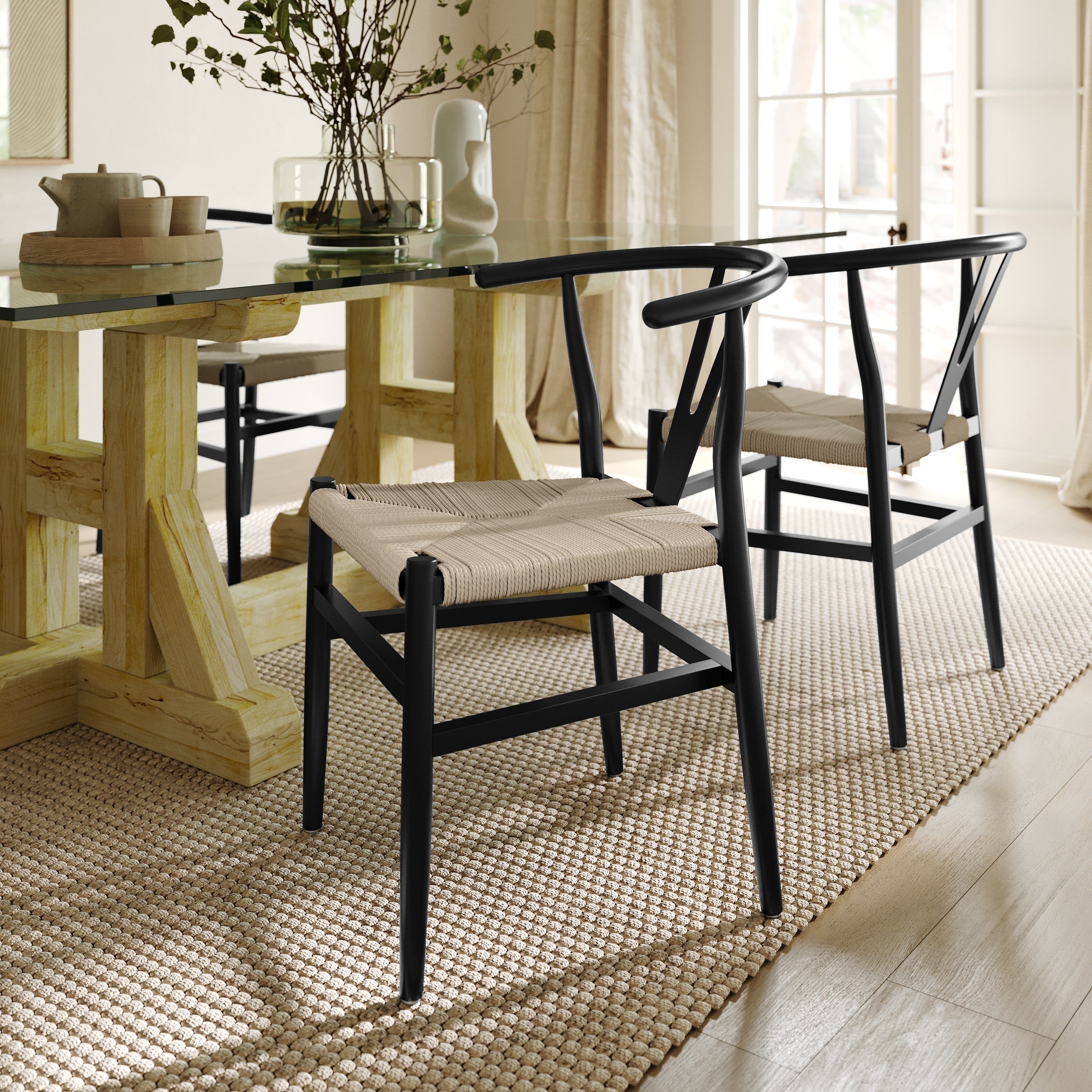 Logan Commercial Grade Y-Back Style Wood and Kraft Paper Stackable Dining Chair with Black/Natural Finish
