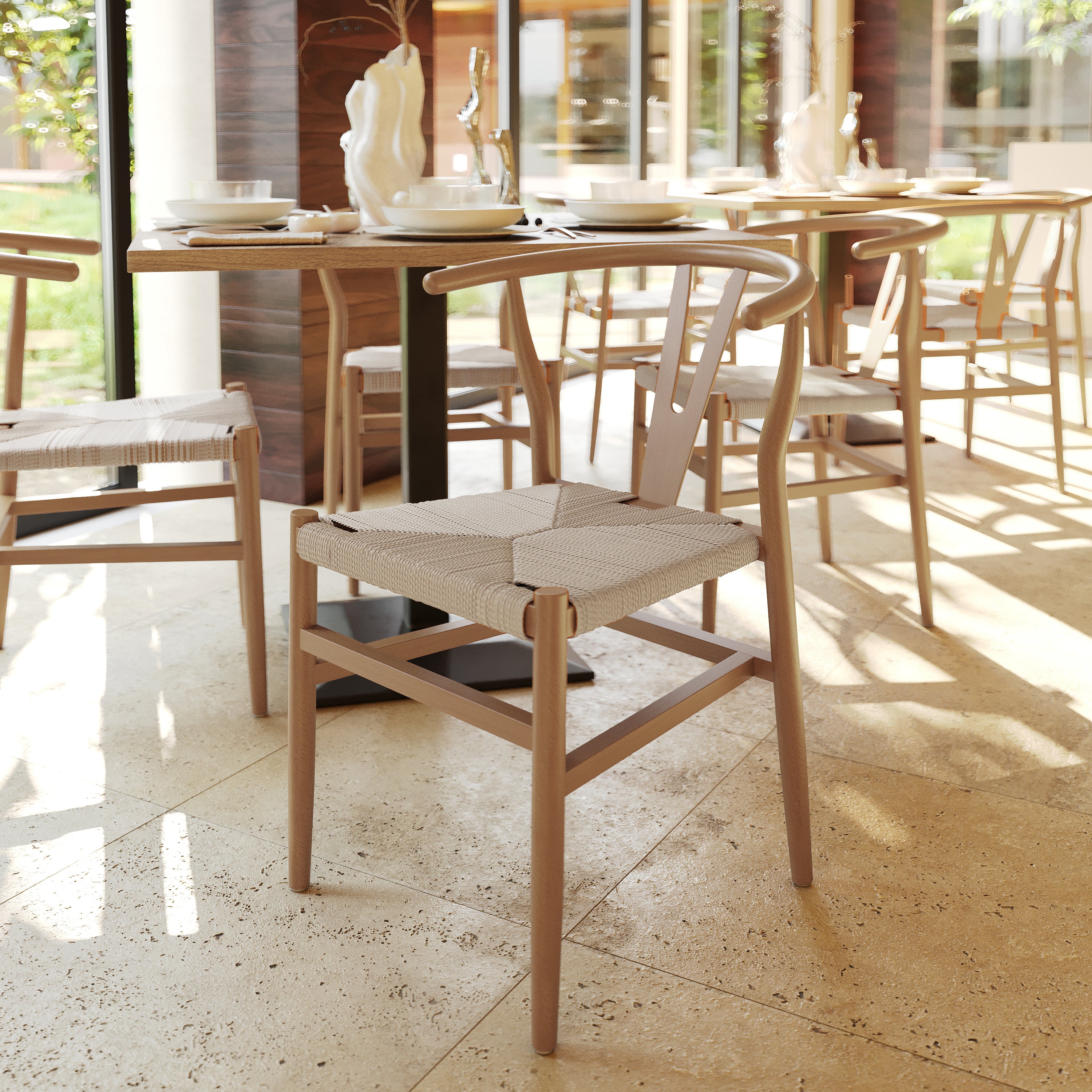 Logan Commercial Grade Y-Back Style Wood and Kraft Paper Stackable Dining Chair with Oak/Natural Finish