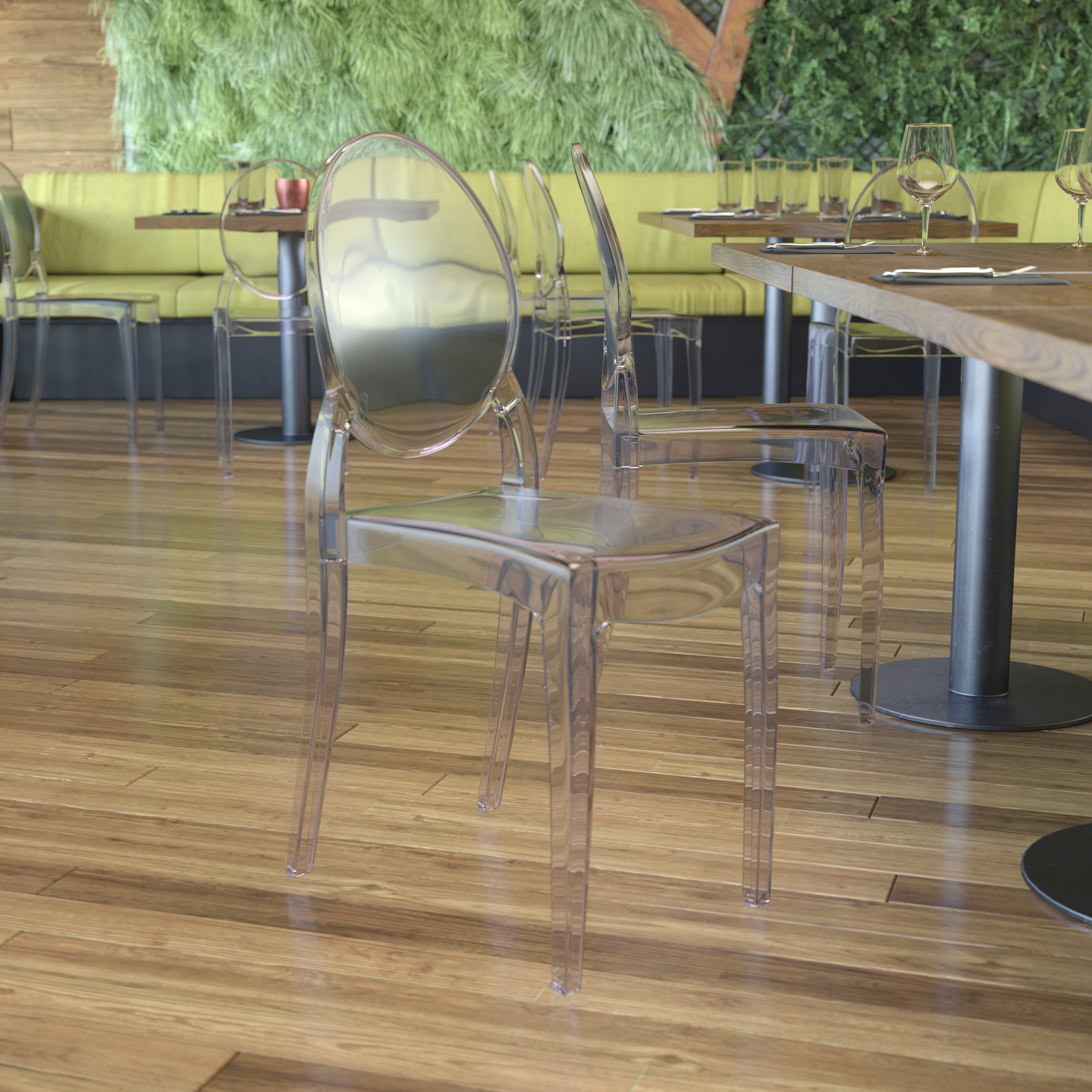 Revna Set of 4 Transparent Crystal Extra Wide Resin 400 LB. Weight Capacity Banquet & Event Ghost Chairs-Indoor/Outdoor Use