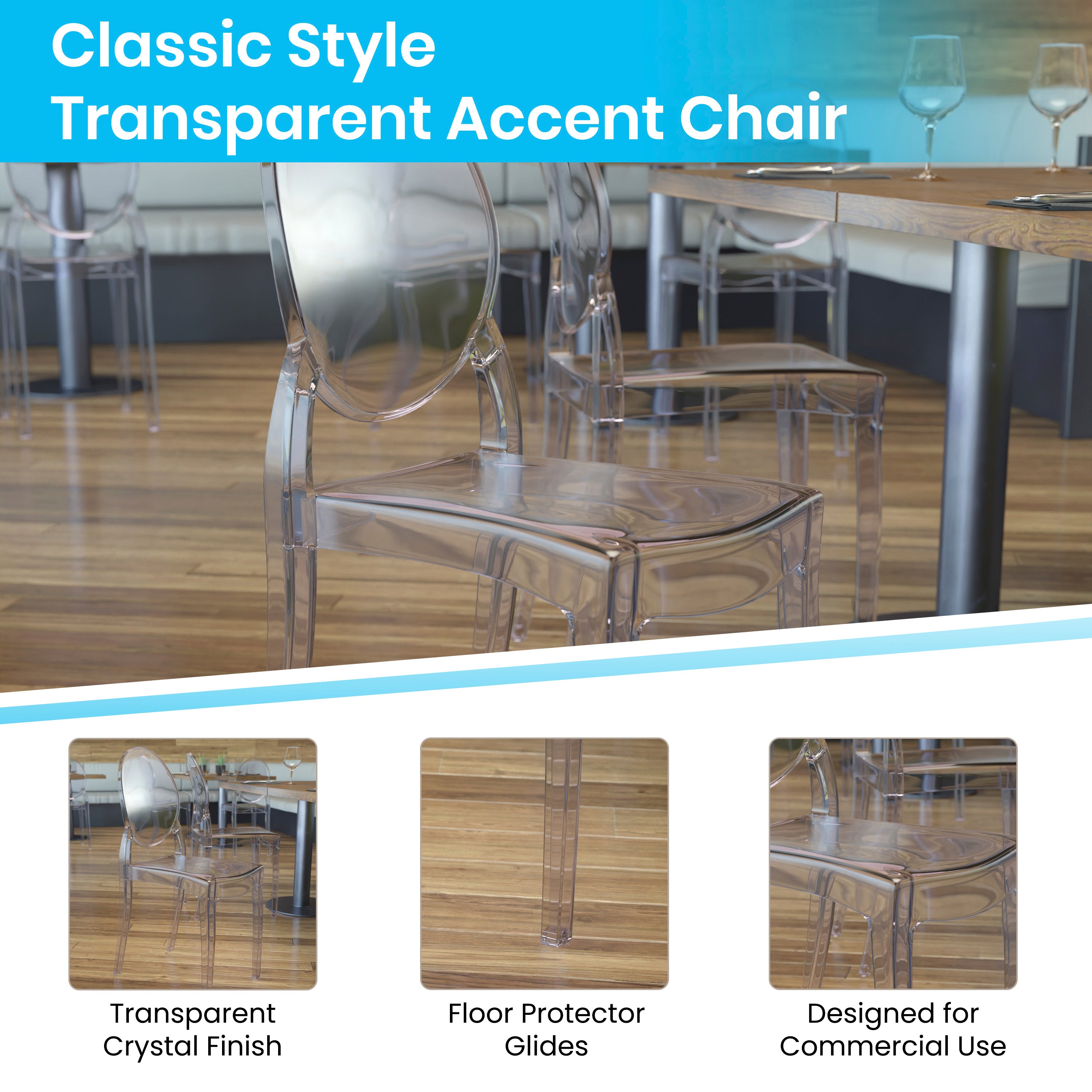 Revna Set of 4 Transparent Crystal Extra Wide Resin 400 LB. Weight Capacity Banquet & Event Ghost Chairs-Indoor/Outdoor Use