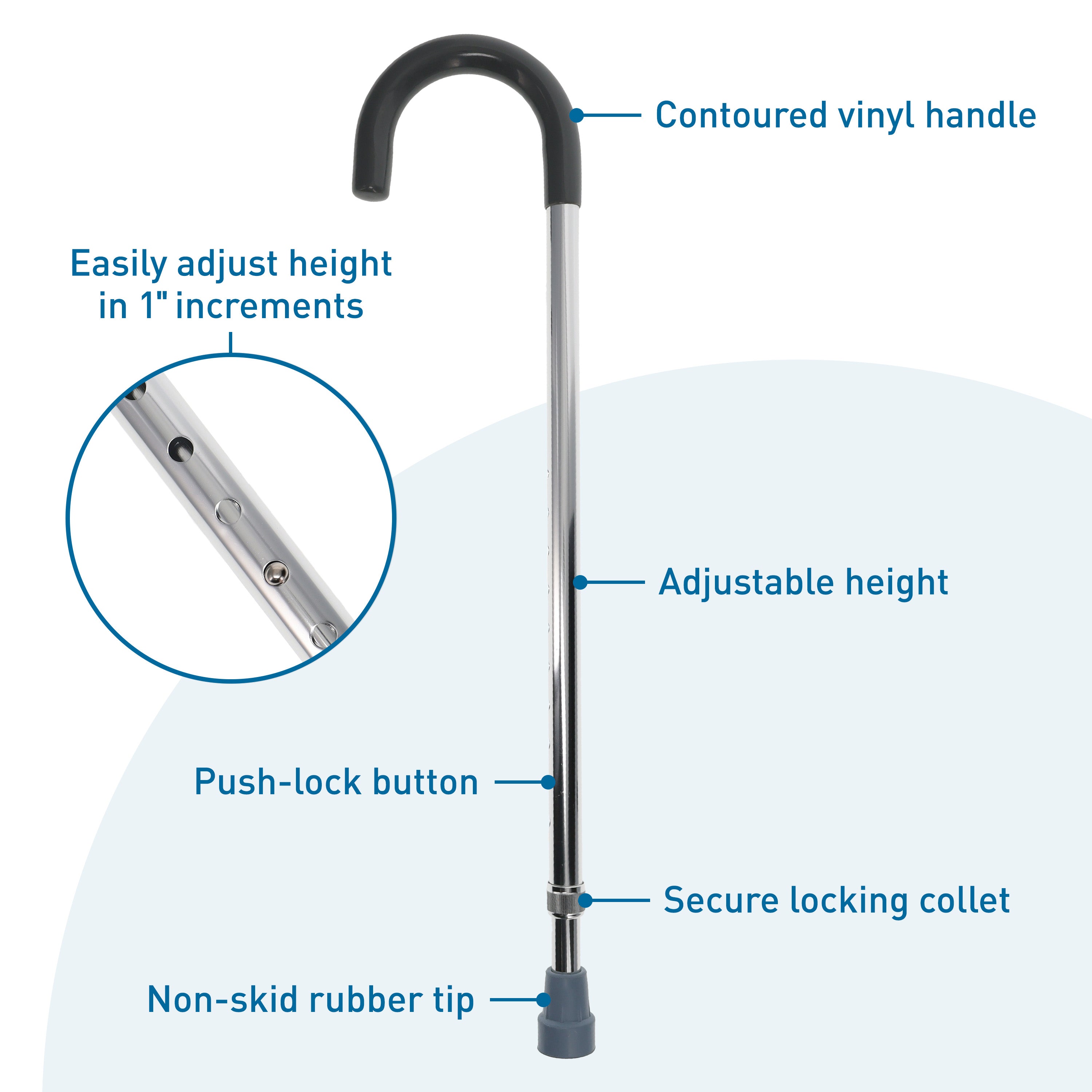 Aluminum Adjustable Cane With Vinyl Grip Handle, Adjusts 30"-39"