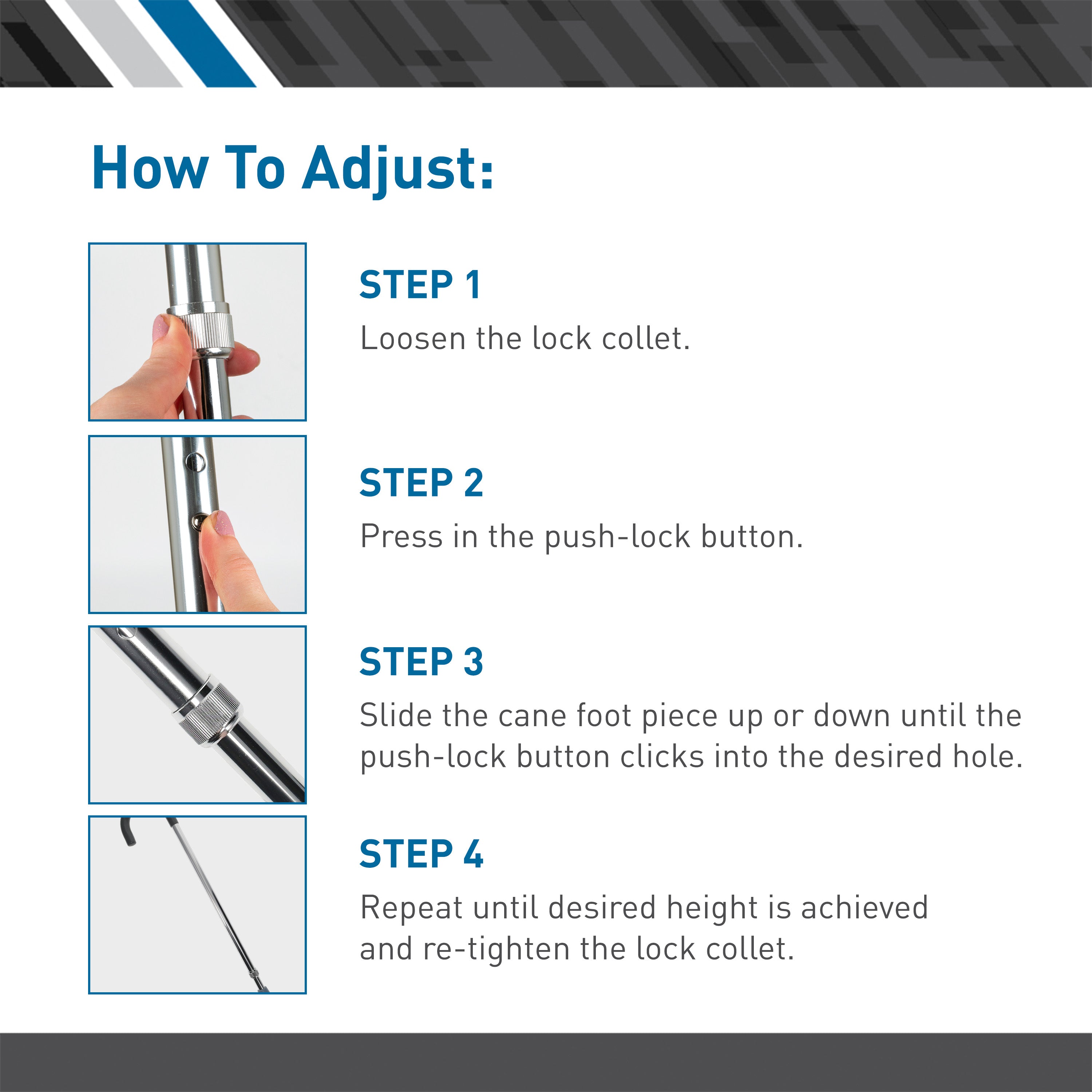 Aluminum Adjustable Cane With Vinyl Grip Handle, Adjusts 30"-39"