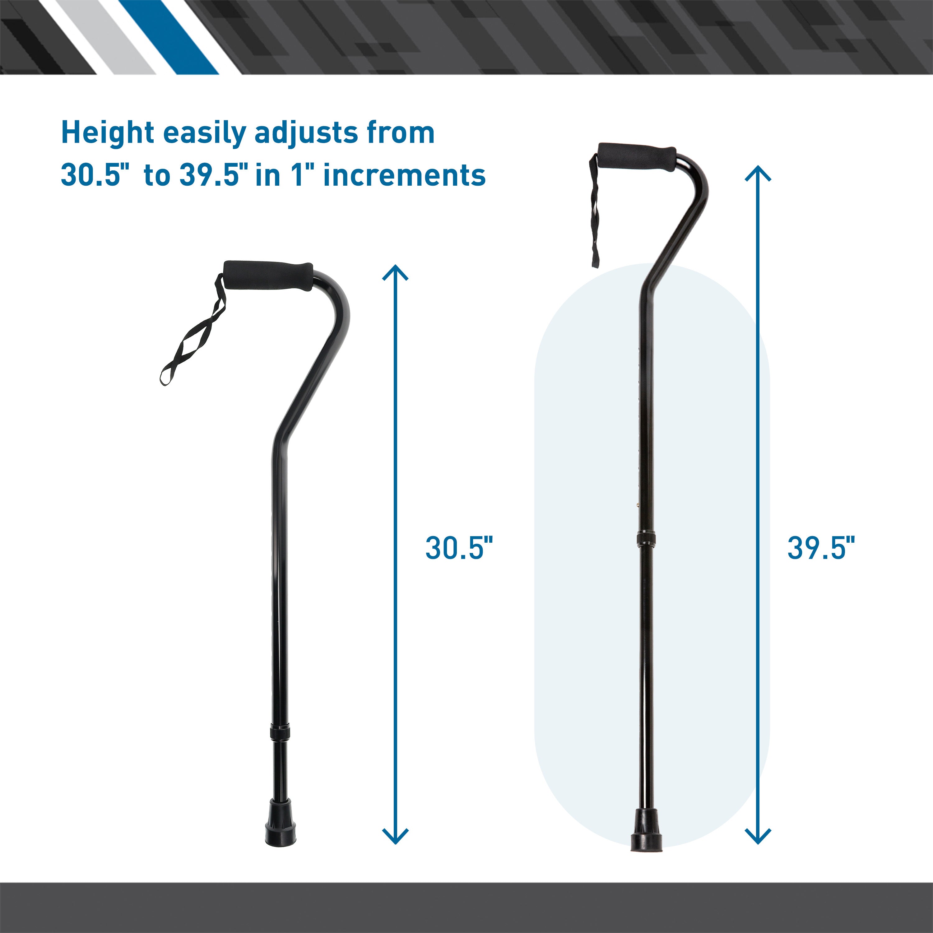Aluminum Adjustable Cane With Foam Grip Handle, Offset, Black, Adjusts 30.5"-41"