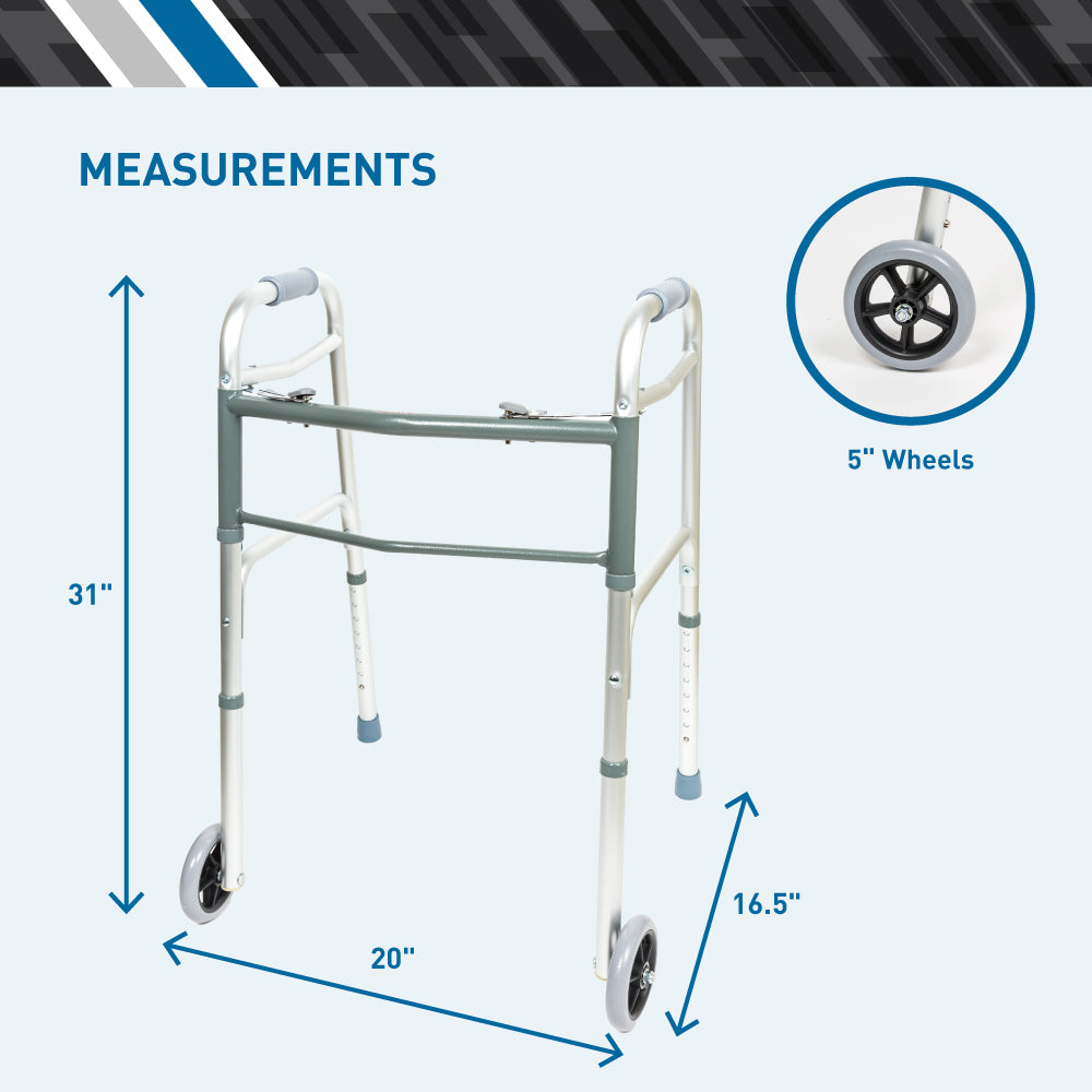 Bodymed 2 Button Folding Walker With 5" Wheels