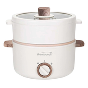 Brentwood 1.5-Liter Multi-Function Electric Hot Pot Cooker with Non-Stick Ceramic Coating and Stainless-Steel Food Steamer, White