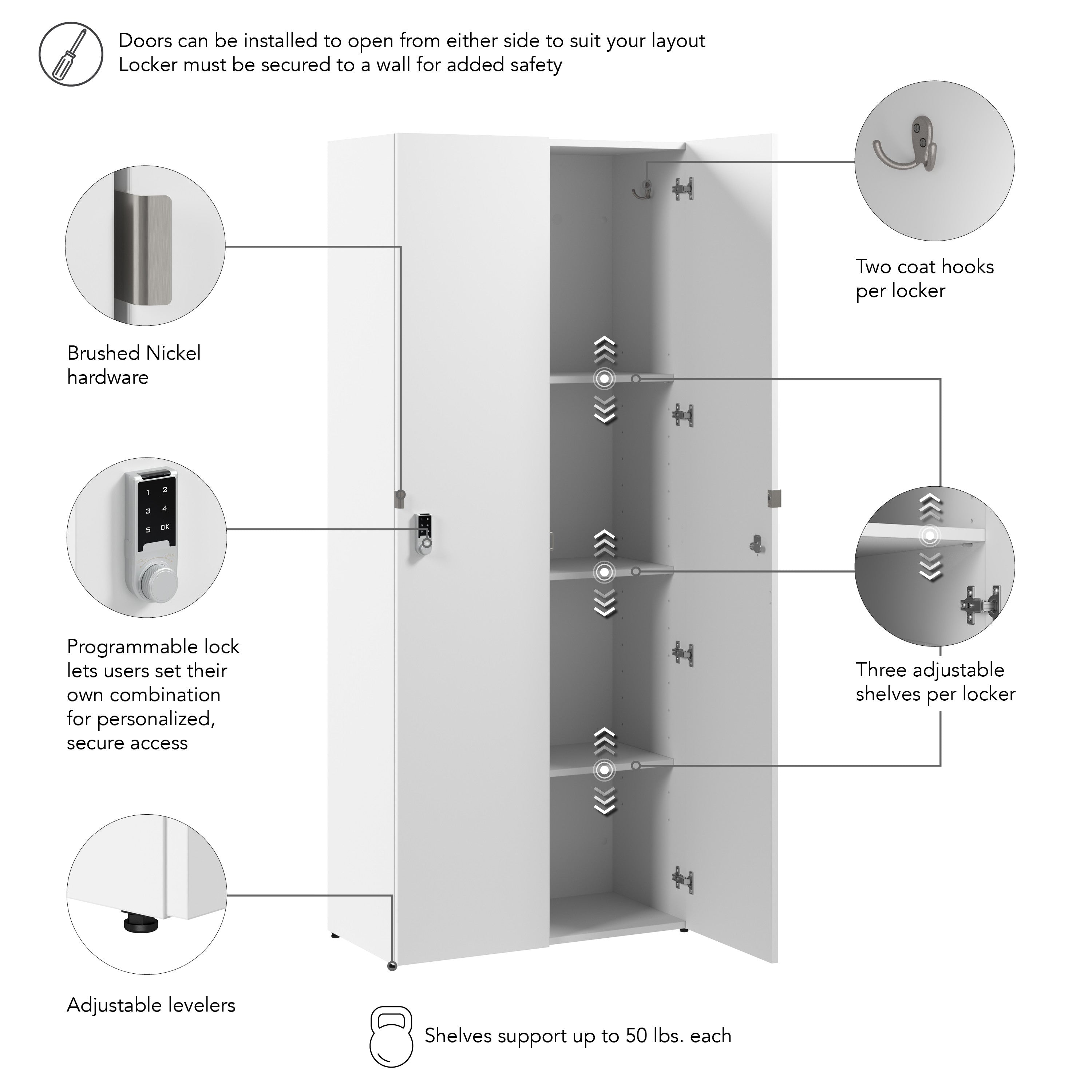 Bush Business Furniture Assure Single Tier 2 Door Storage Locker with Keypad Locks in White - 29.76" Width x 15.35" Depth x 72.15" Height