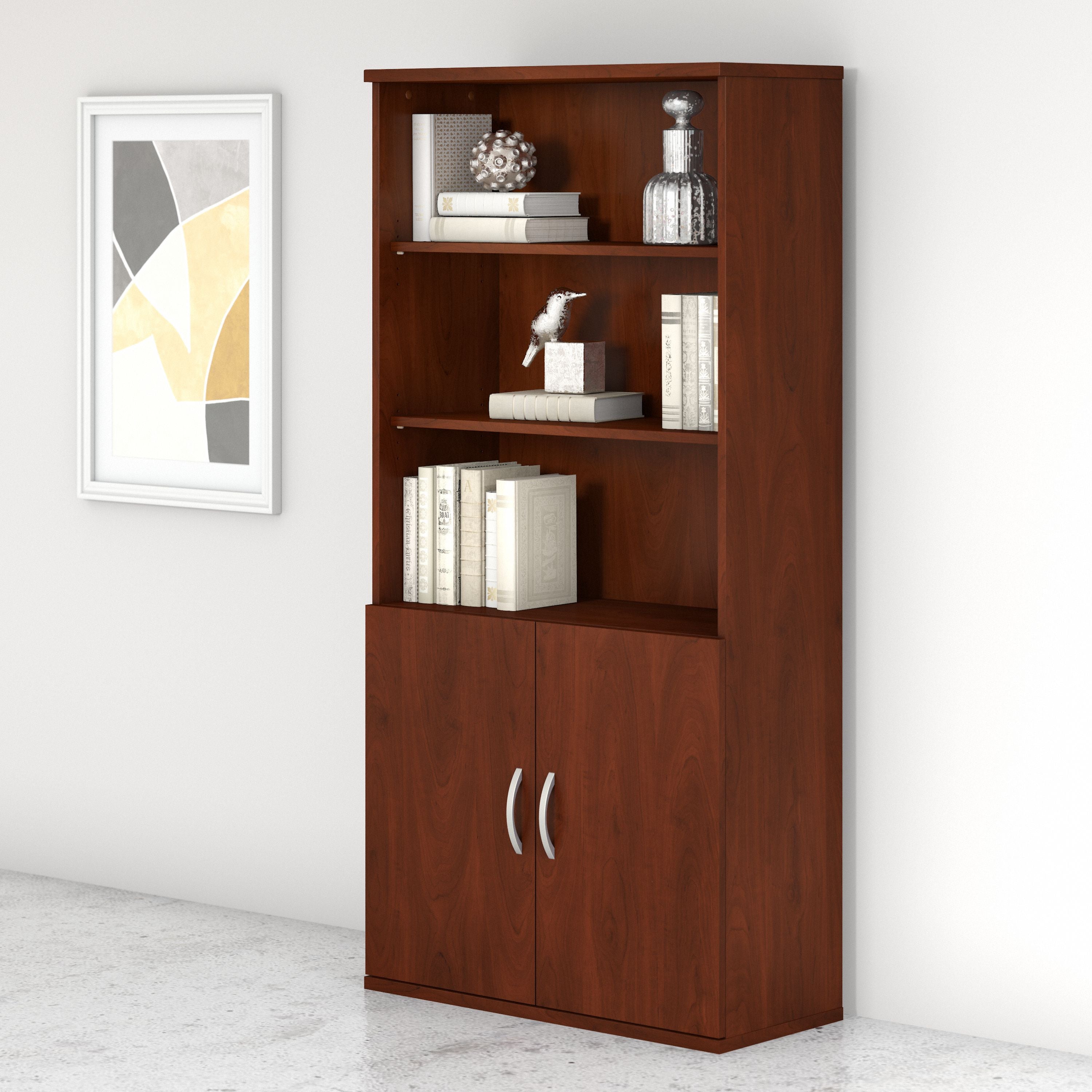 Bush Business Furniture Studio C 5 Shelf Bookcase with Doors in Hansen Cherry - 35.67" Width x 15.35" Depth x 72.8" Height