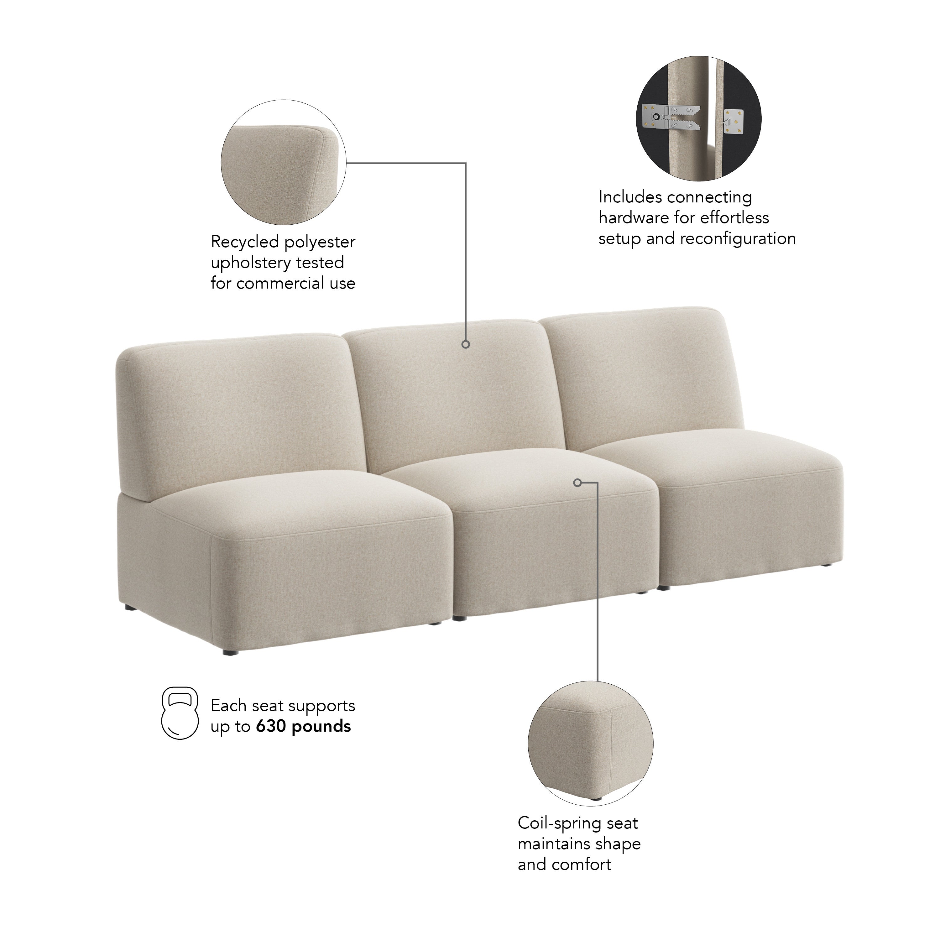 Bush Business Furniture Assemble Modular 3 Seater Sectional Lounge Sofa in Oat Fabric - 89.76" Width x 30.51" Depth x 29.92" Height