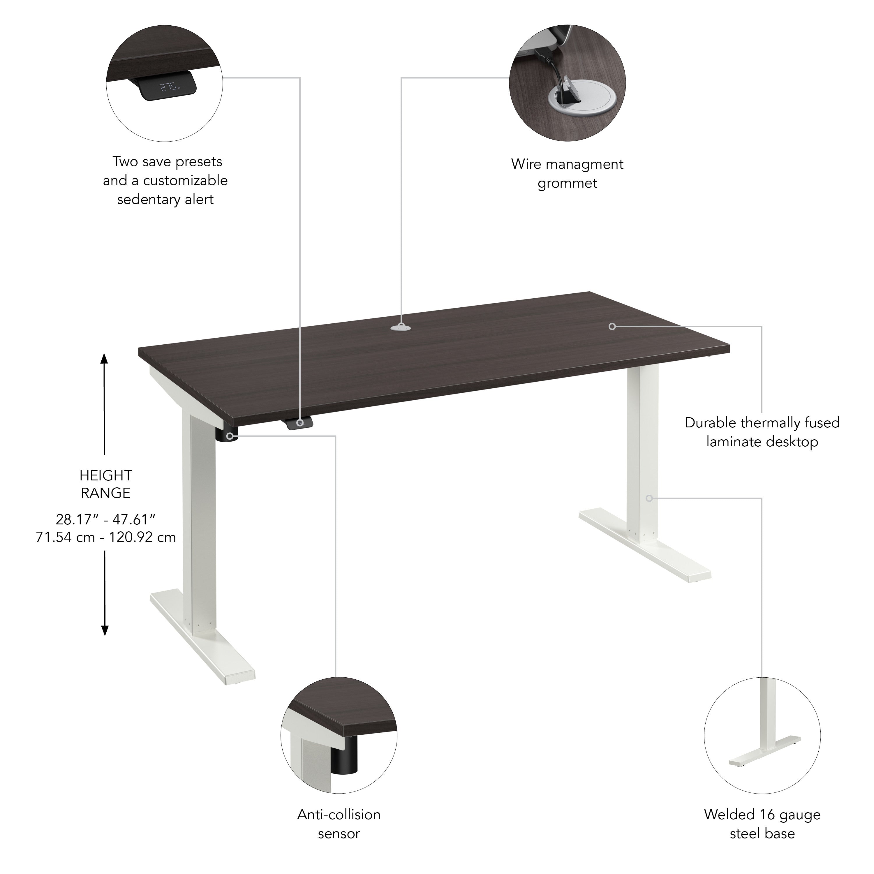 Bush Business Furniture Move 40 Series 60W x 30D Electric Height Adjustable Standing Desk in Storm Gray with White Base - 59.45" Width x 29.37" Depth x 28.17" Height