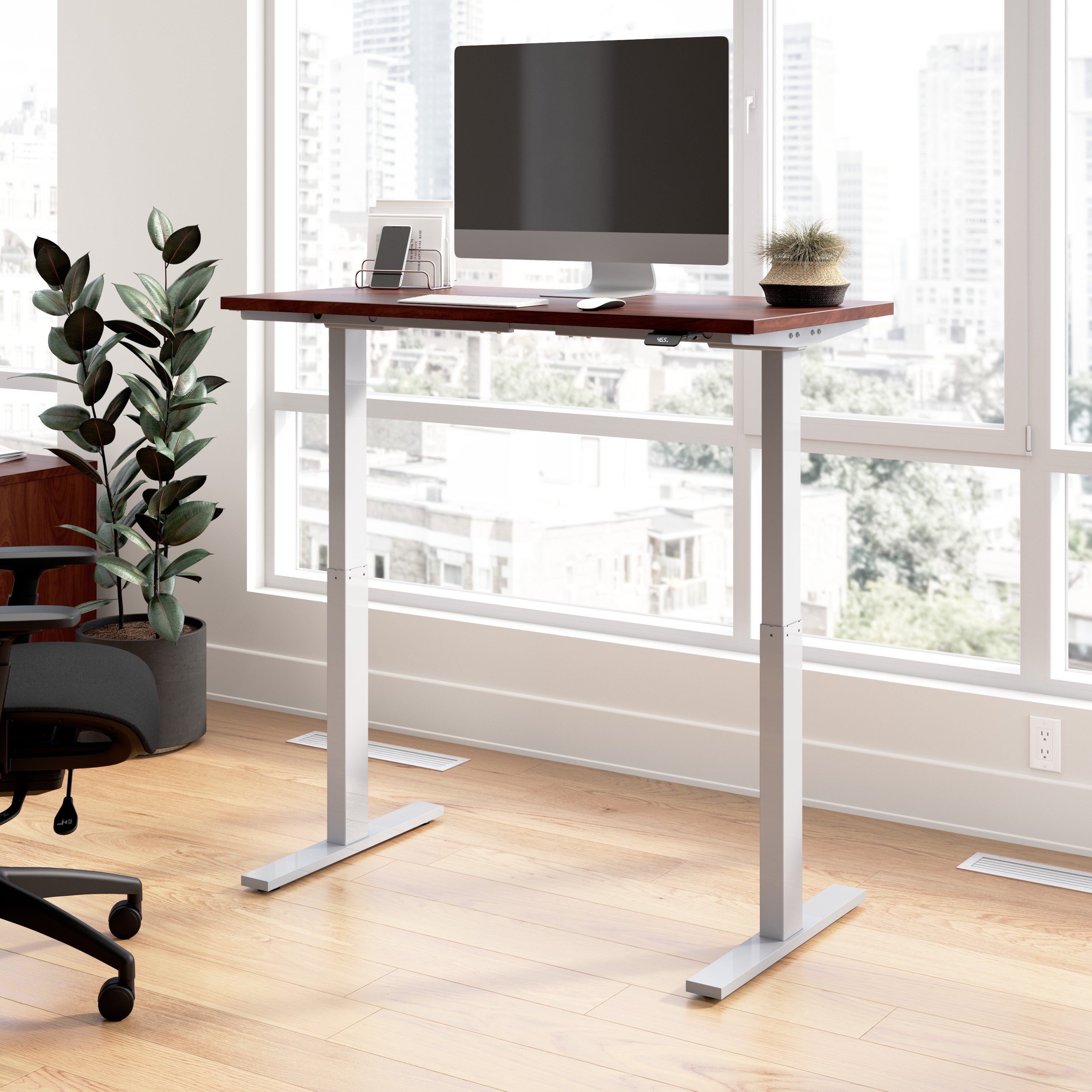 Bush Business Furniture Move 60 Series 48W x 24D Electric Height Adjustable Standing Desk in Hansen Cherry with Metallic Gray Base - 47.6" Width x 23.62" Depth x 47.69" Height