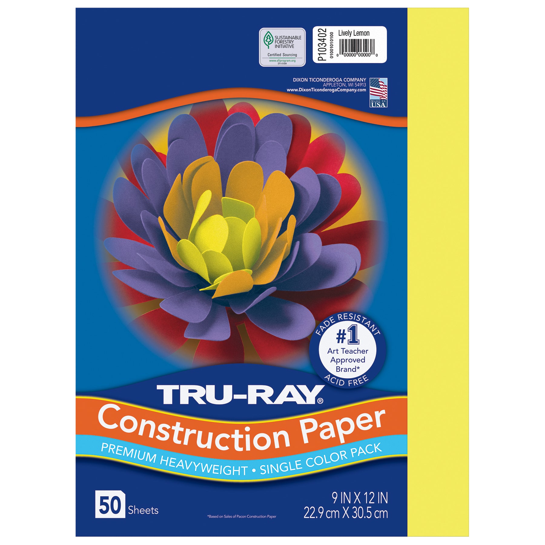 Construction Paper, Heavyweight, Lively Lemon, 9" x 12", 50 Sheets