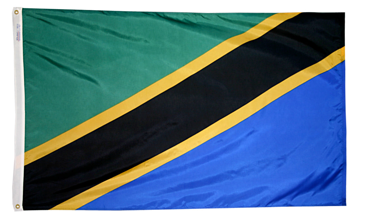 Tanzania Flag 3x5 ft. Nylon SolarGuard Nyl-Glo 100% Made in USA to Official United Nations Design Specifications.