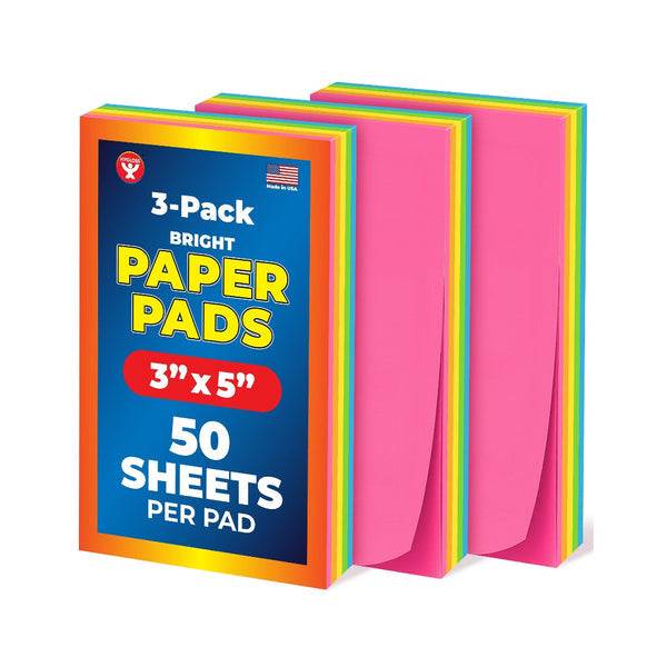 Bright Pads - 3"x5", 3 Pads of 50 sheets each, 10 sheets of 5 assorted colors