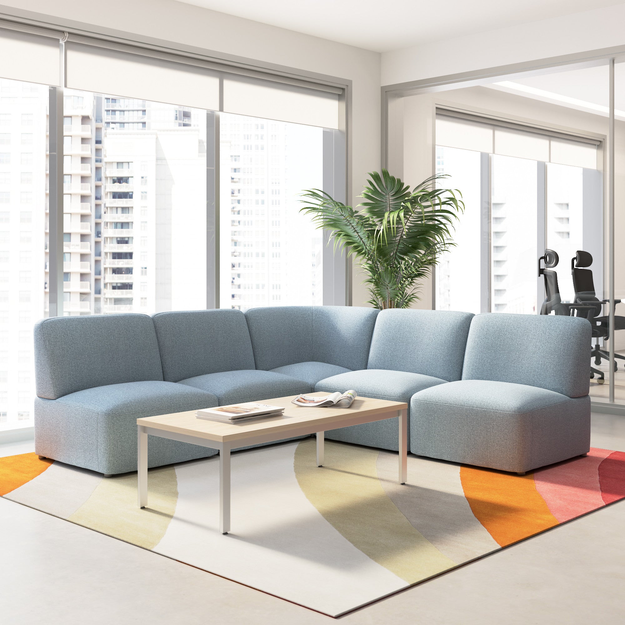 Bush Business Furniture Assemble Modular 5 Seater L Shaped Sectional Lounge Sofa in Mist Fabric - 89.76" Width x 89.76" Depth x 29.92" Height