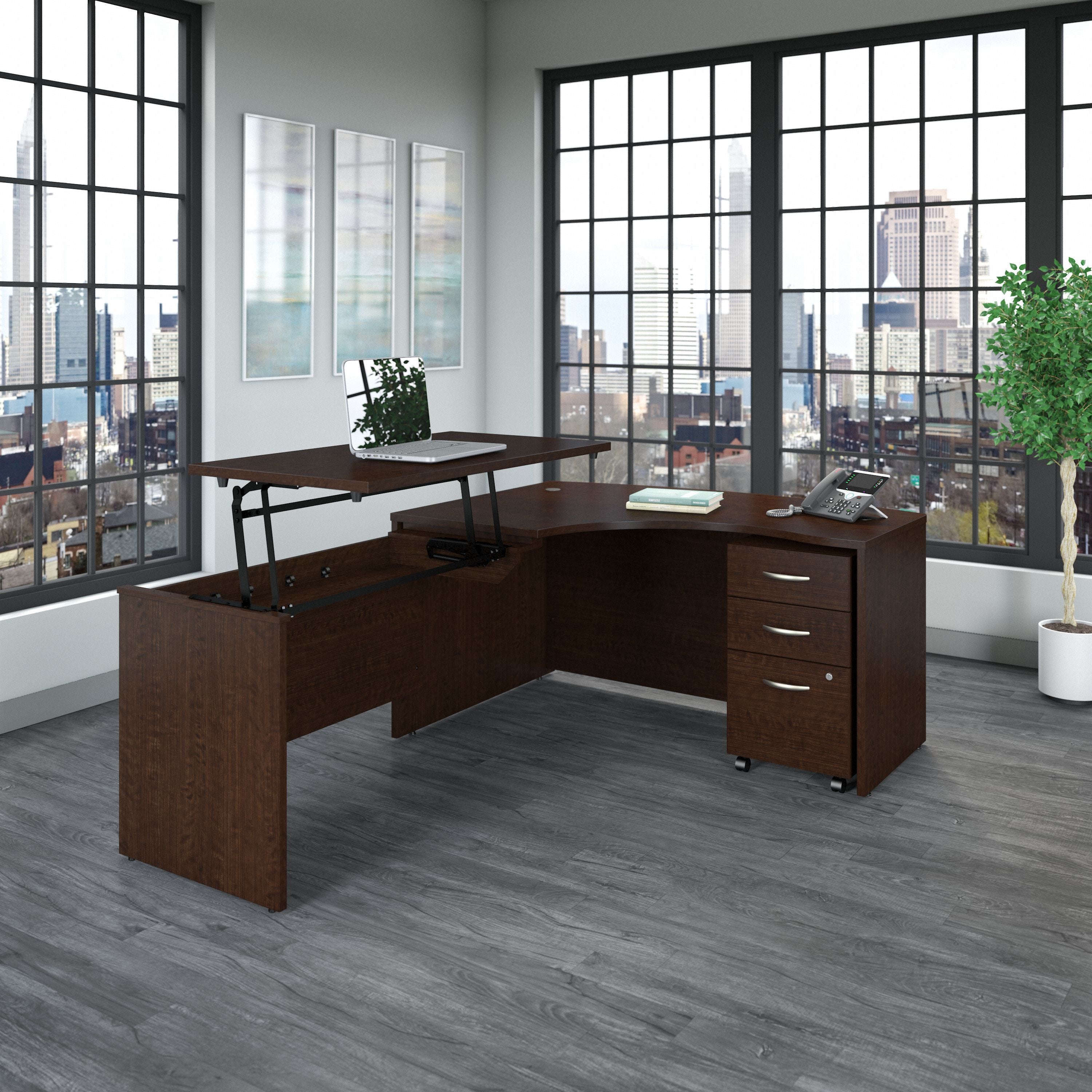Bush Business Furniture Series C 60W x 43D Left Hand 3 Position Sit to Stand L Shaped Desk with Mobile File Cabinet in Mocha Cherry - 58.86" Width x 85.51" Depth x 29.84" Height