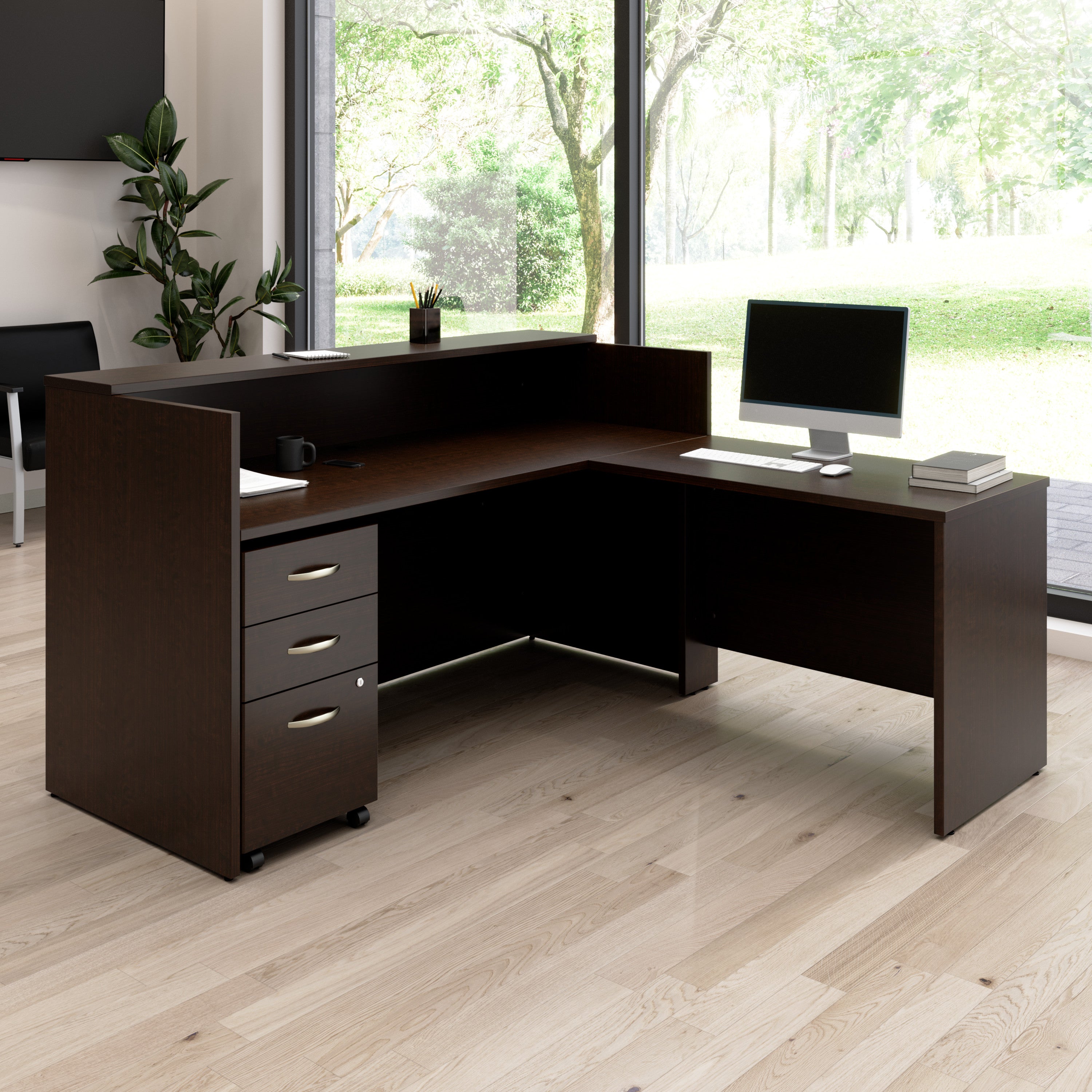 Bush Business Furniture Arrive 72W x 72D L Shaped Reception Desk with Shelf and Mobile File Cabinet in Mocha Cherry - 71.02" Width x 71.14" Depth x 40.35" Height