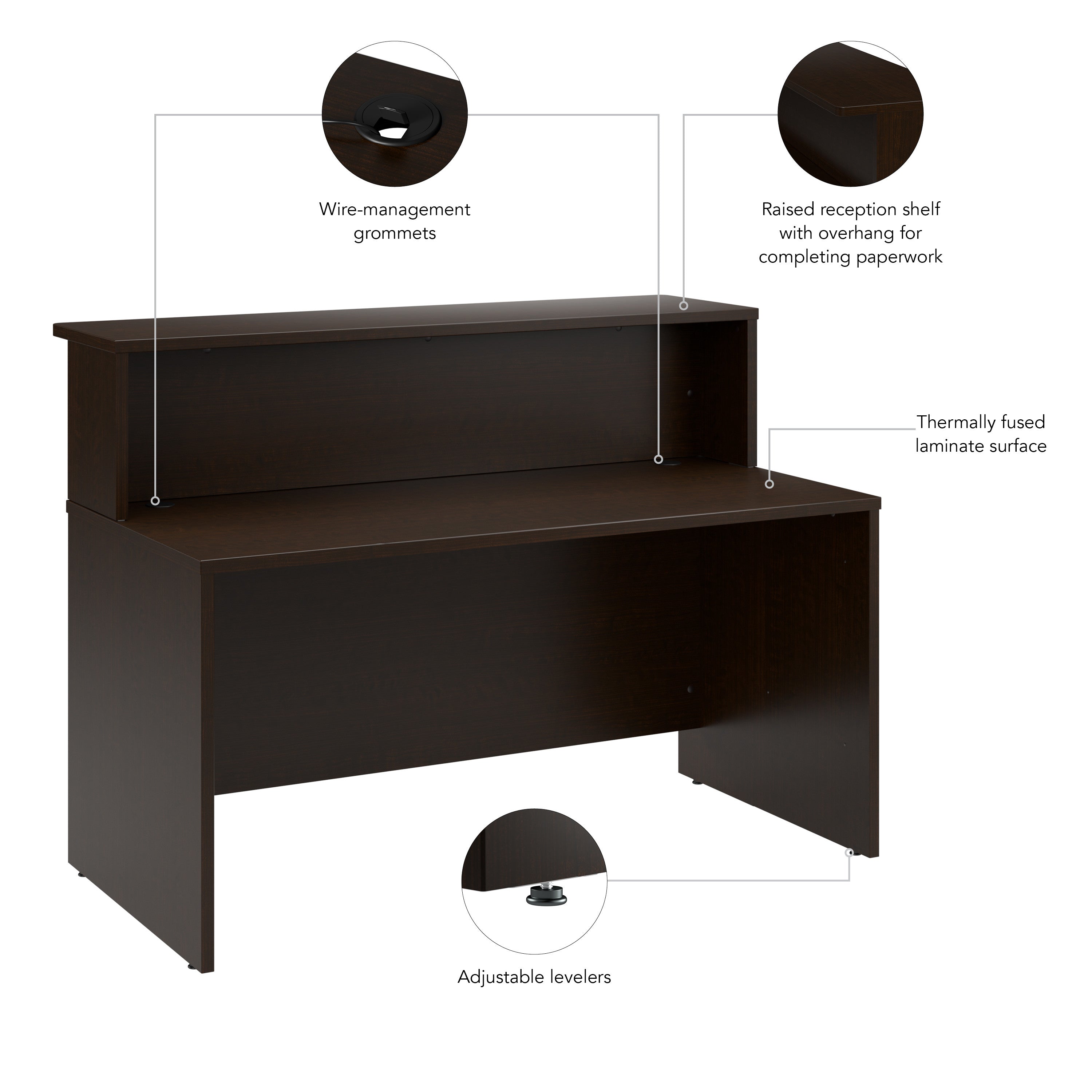 Bush Business Furniture Arrive 60W x 30D Reception Desk with Shelf in Mocha Cherry - 59.45" Width x 29.37" Depth x 43.71" Height