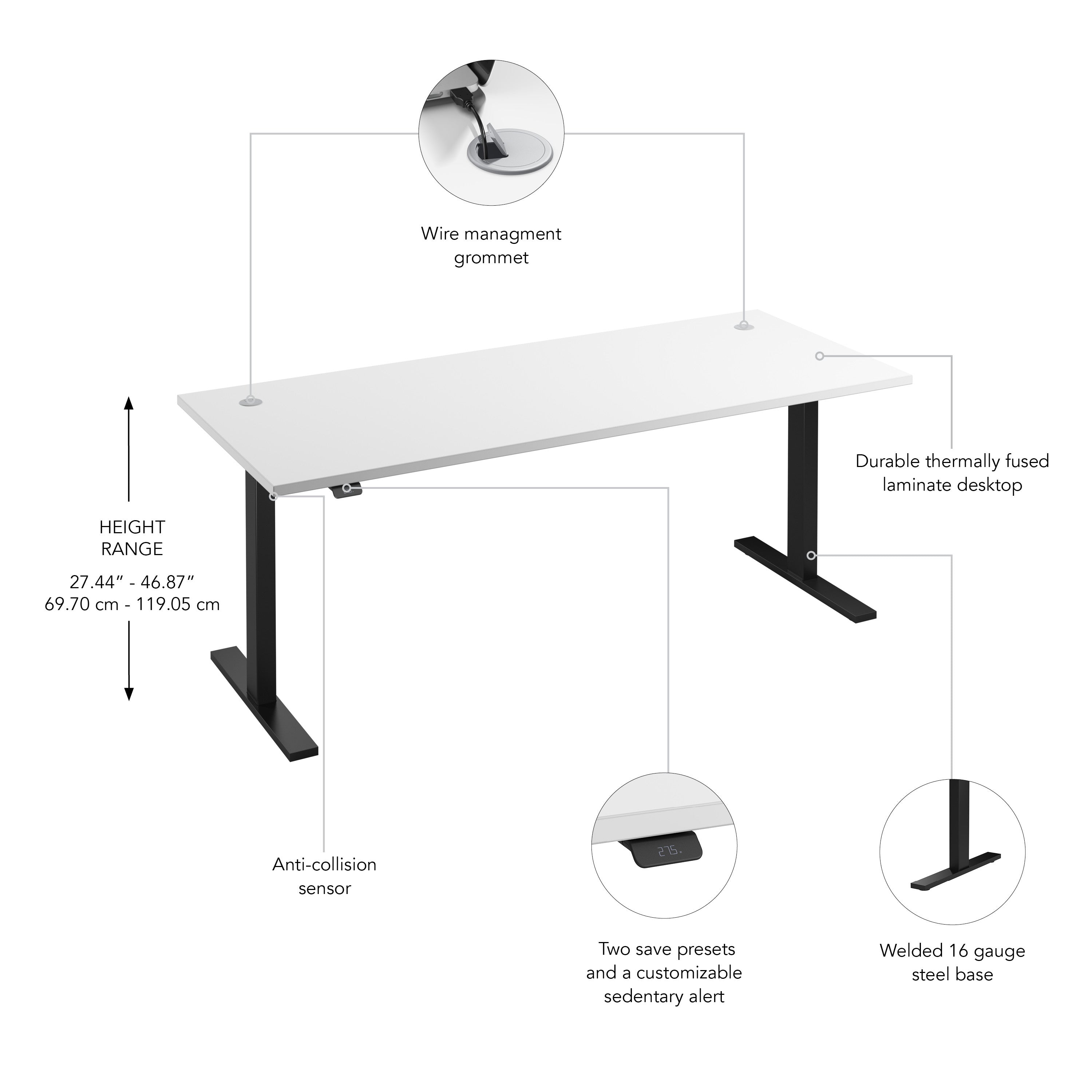 Bush Business Furniture Move 60 Series 72W x 30D Electric Height Adjustable Standing Desk in White with Black Base - 71.02" Width x 29.37" Depth x 47.69" Height