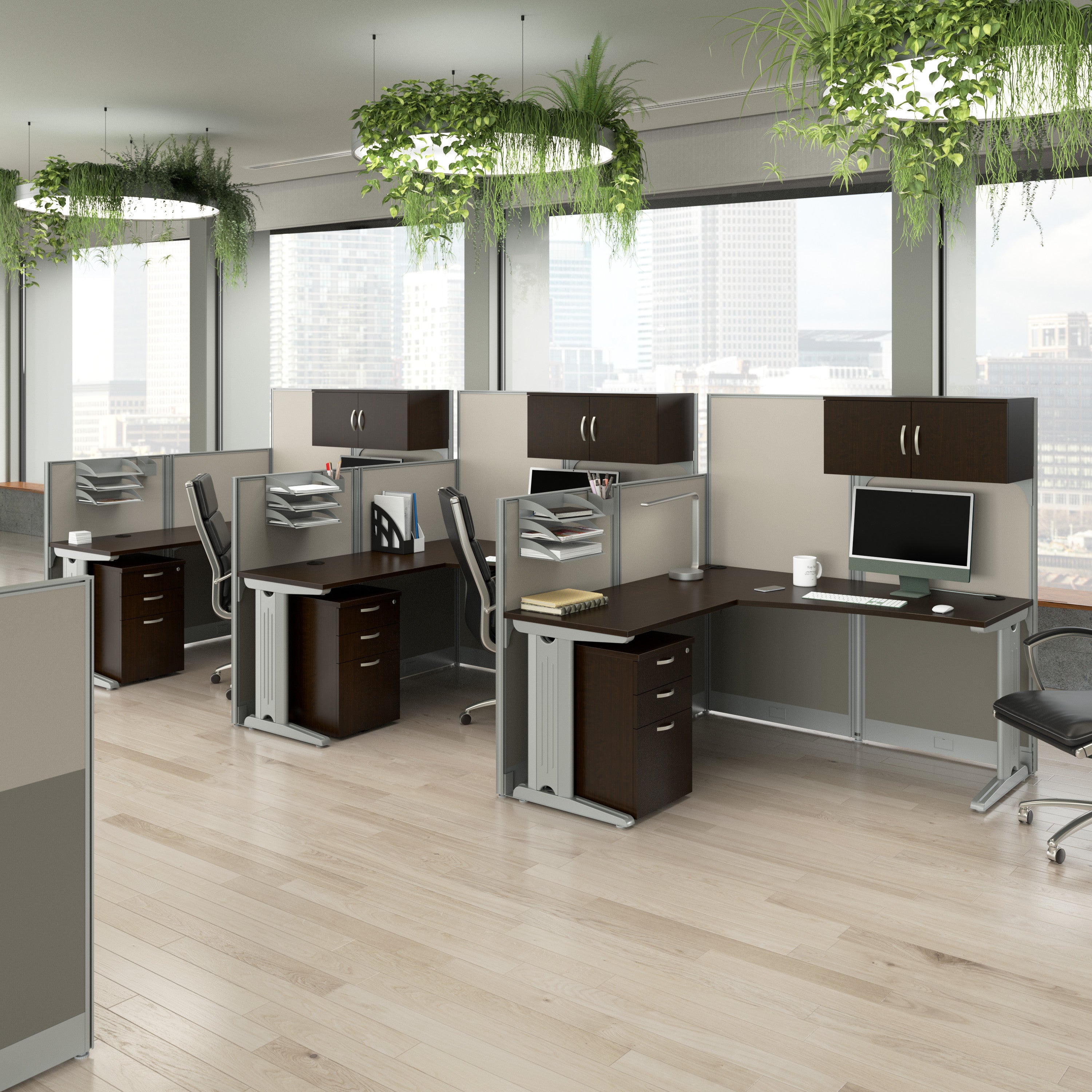 Bush Business Furniture Office in an Hour 3 Person L Shaped Cubicle Desks with Storage, Drawers, and Organizers in Mocha Cherry - 193.47" Width x 64.49" Depth x 62.87" Height