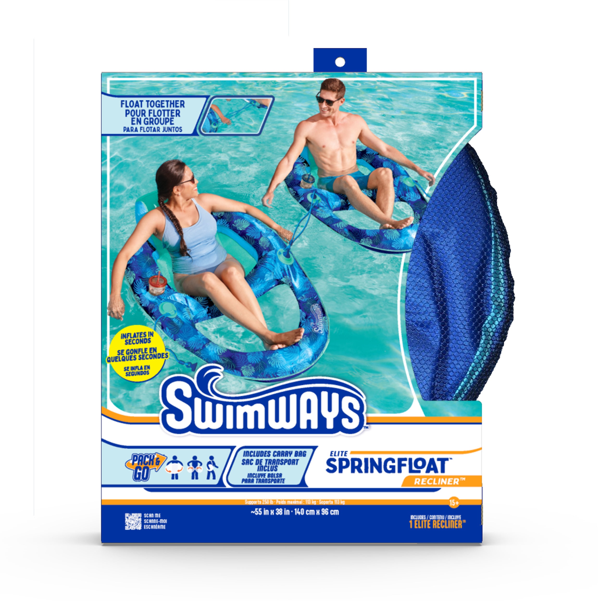 Swimways Elite Spring Float Recliner Pool Lounge Chair, Inflatable Pool Floats with Fast Inflation, Pool Recliner for Adults up to 250 lbs