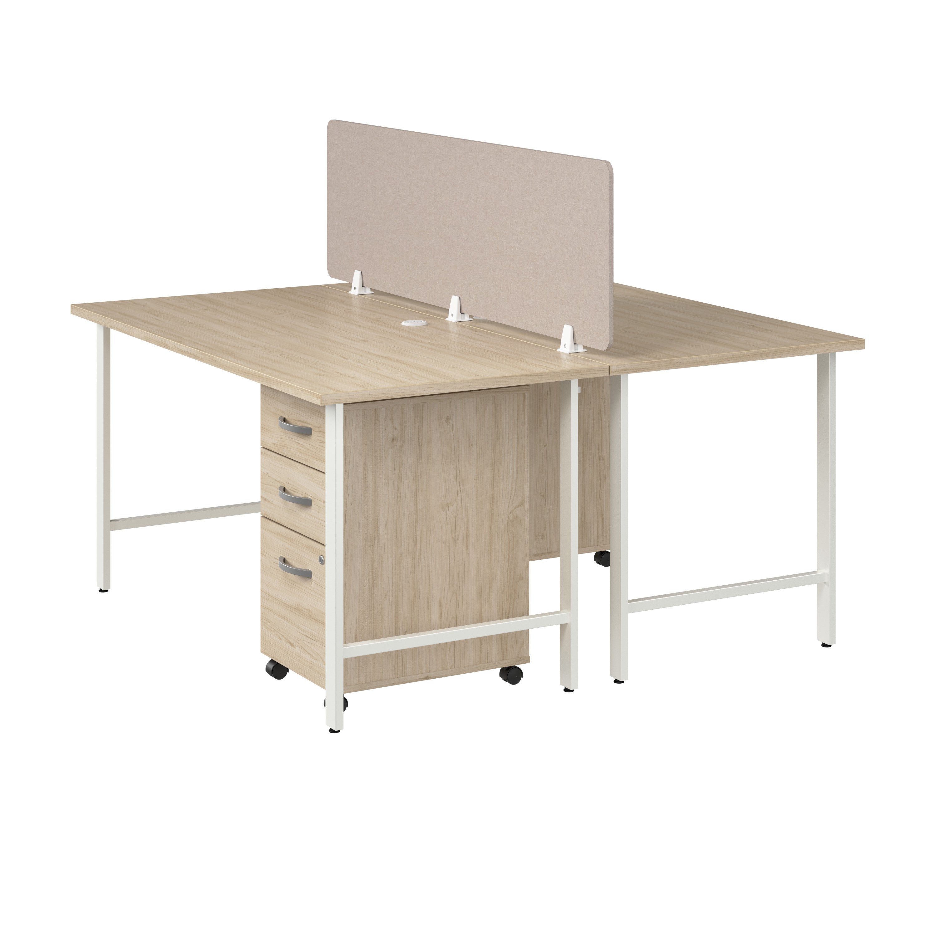 Bush Business Furniture Hustle 2 Person Computer Desk with Mobile File Cabinets, Power Grommets, and Privacy Screen in Natural Elm - 59.44" Width x 29.37" Depth x 30.07" Height