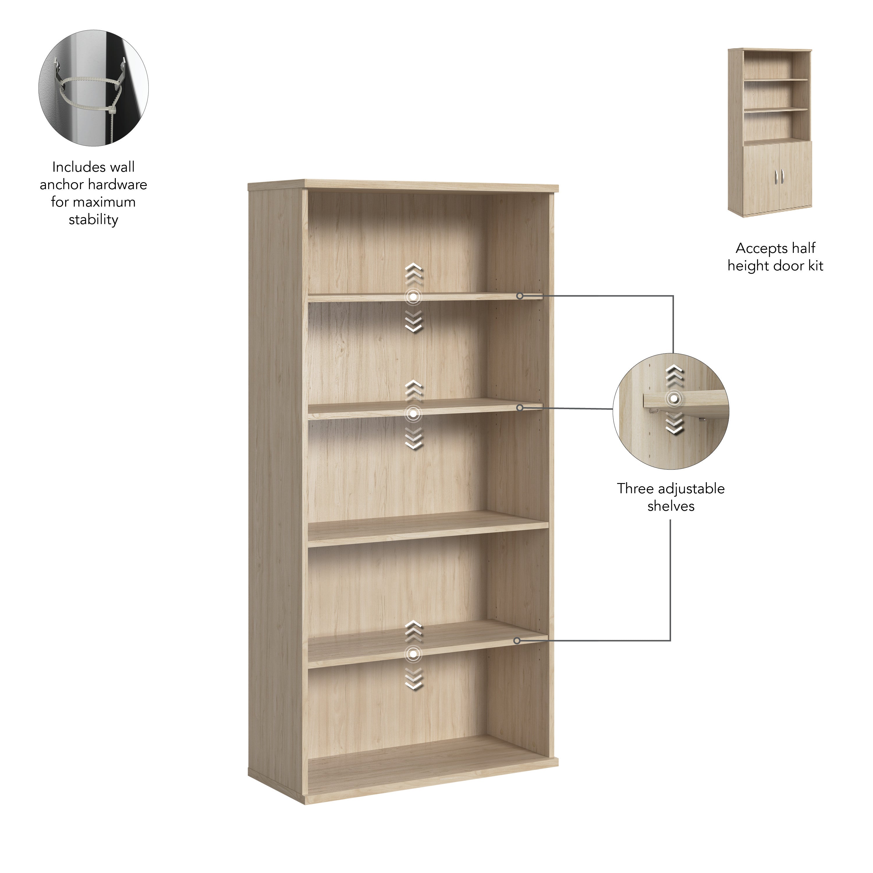 Bush Business Furniture Studio C Tall 5 Shelf Bookcase in Natural Elm - 35.81" Width x 72.9" Depth x 72.8" Height
