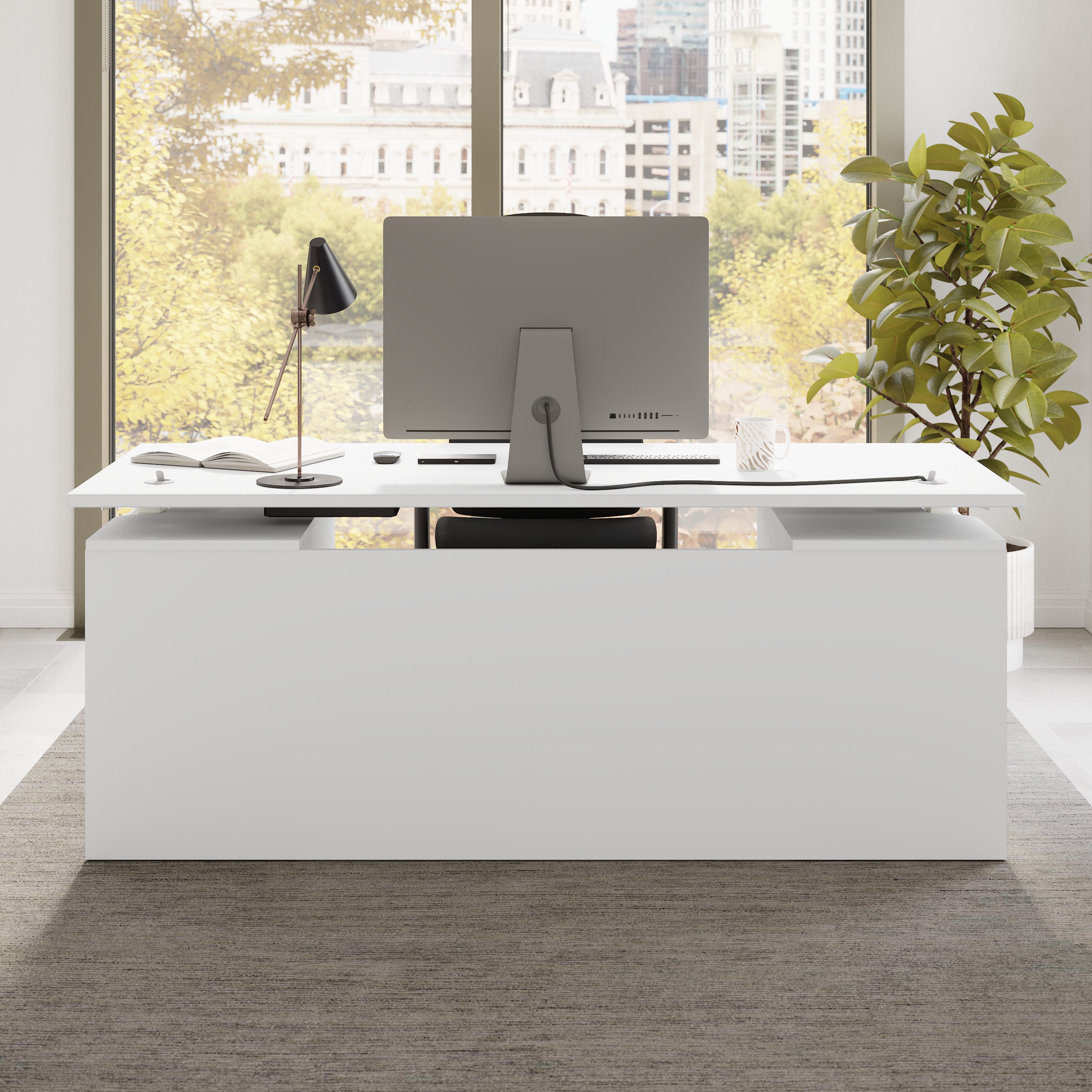 Bush Business Furniture Stratus&nbsp;72W x&nbsp;30D Electric Height Adjustable Standing Desk with Modesty Panel in White with White Base - 71.02" Width x 29.37" Depth x 27.44" Height