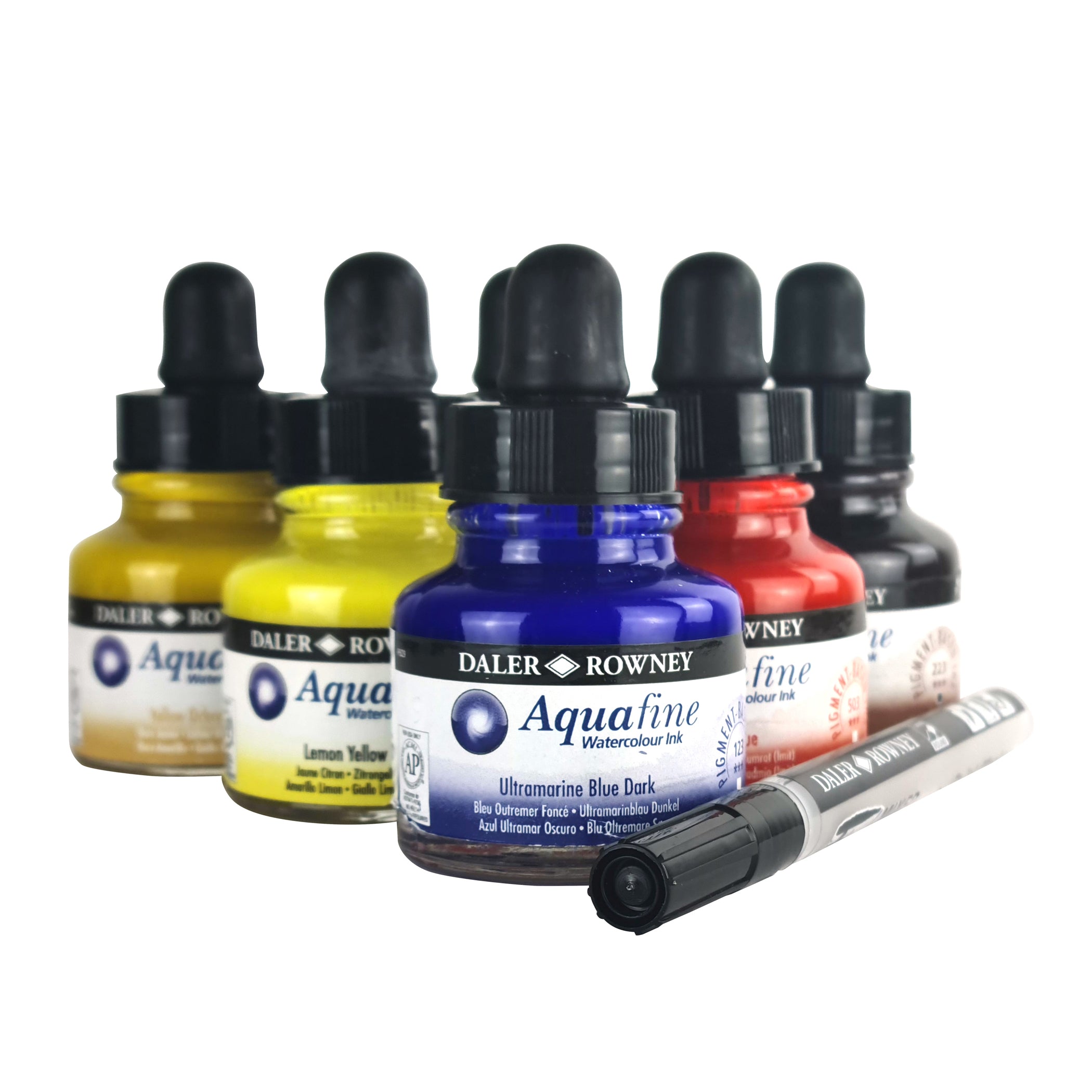 Aquafine Watercolor Ink Introduction Set with Empty Marker, Assorted Colors, 29.5ml, 6 Pieces