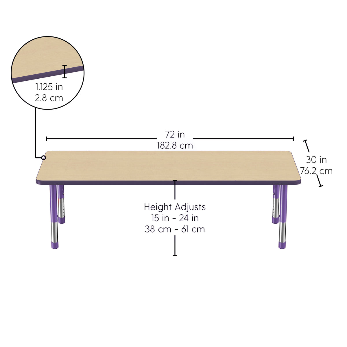 30" x 72" Rectangle T-Molding Activity Table with Adjustable Chunky Legs - Maple/Purple