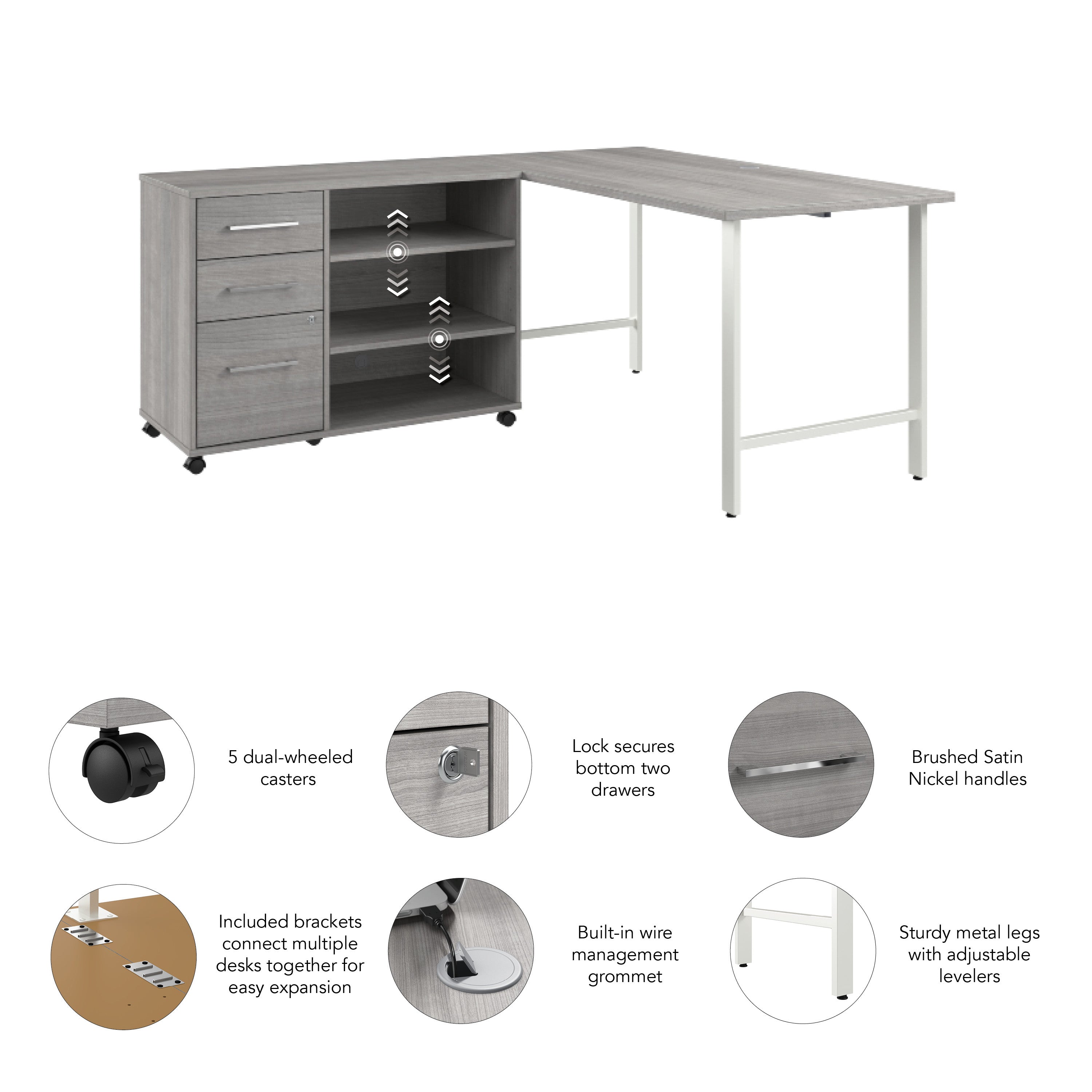 Bush Business Furniture Hustle 60W x 30D Computer Desk and Storage Cabinet with Drawers and Shelves in Platinum Gray - 59.44" Width x 29.37" Depth x 30.07" Height