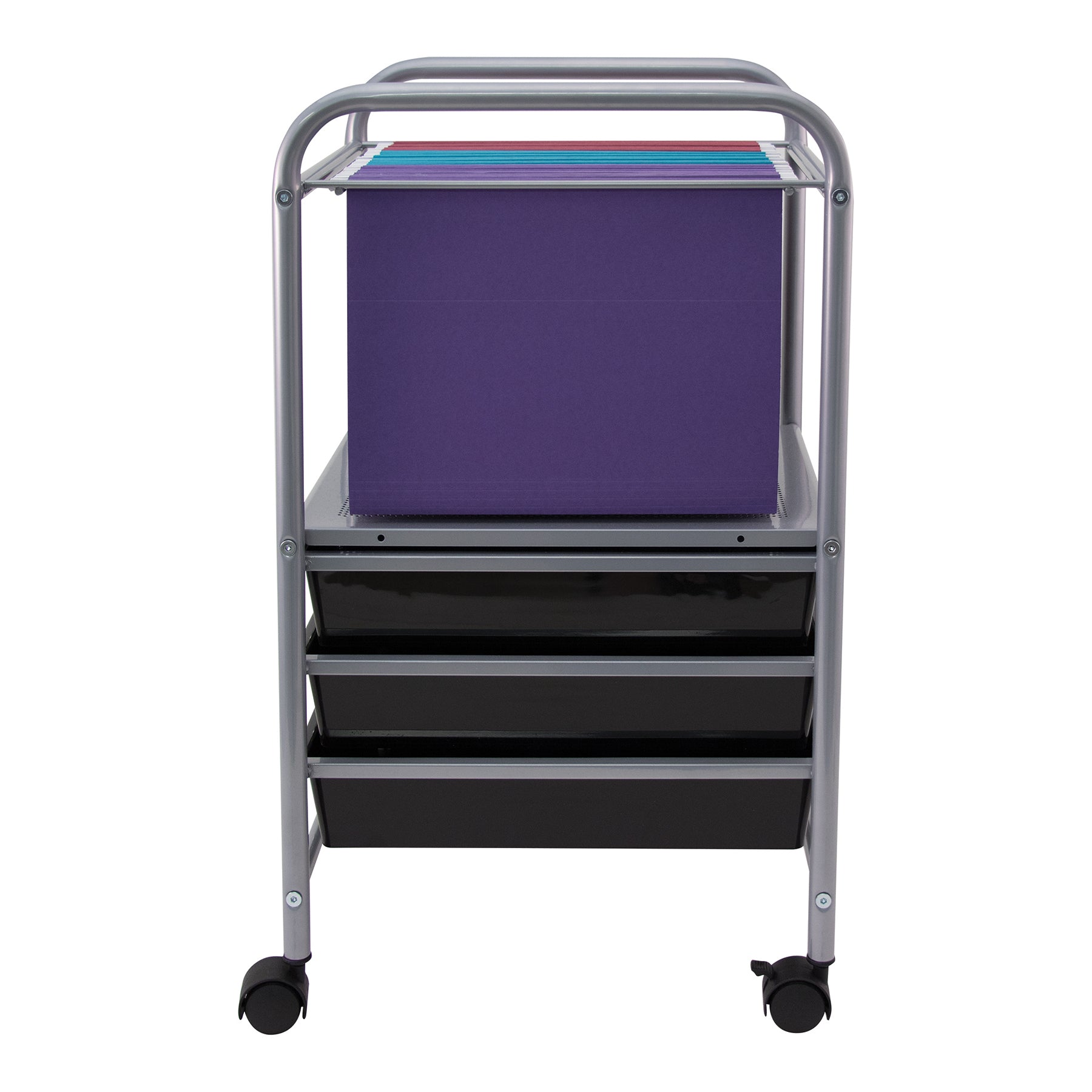 Vertiflex® Slim-Profile Mobile File Cart with 3 Drawers, Black and Silver, Rolling Storage Organizer