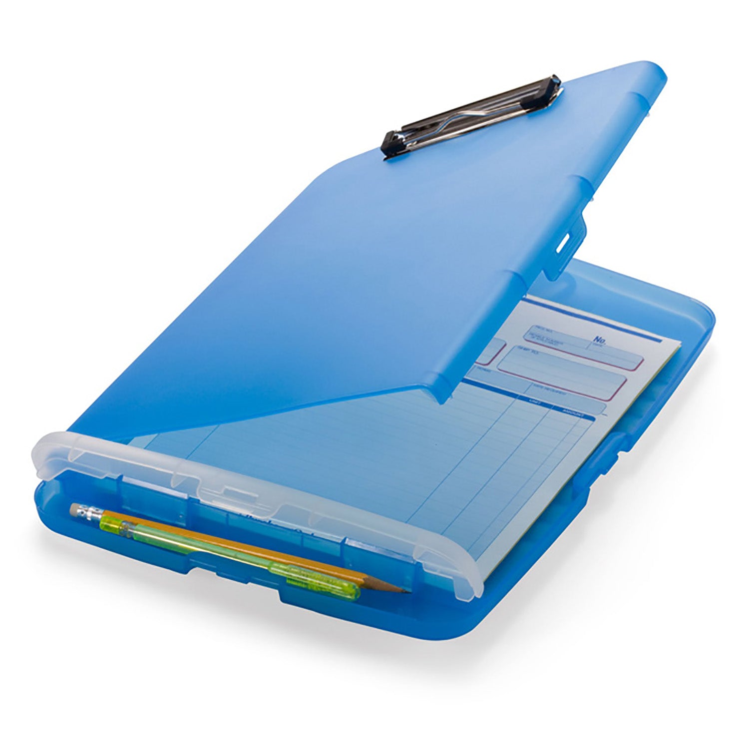 Slim Clipboard Storage Box, Low Profile Clip & Storage Compartment, Blue