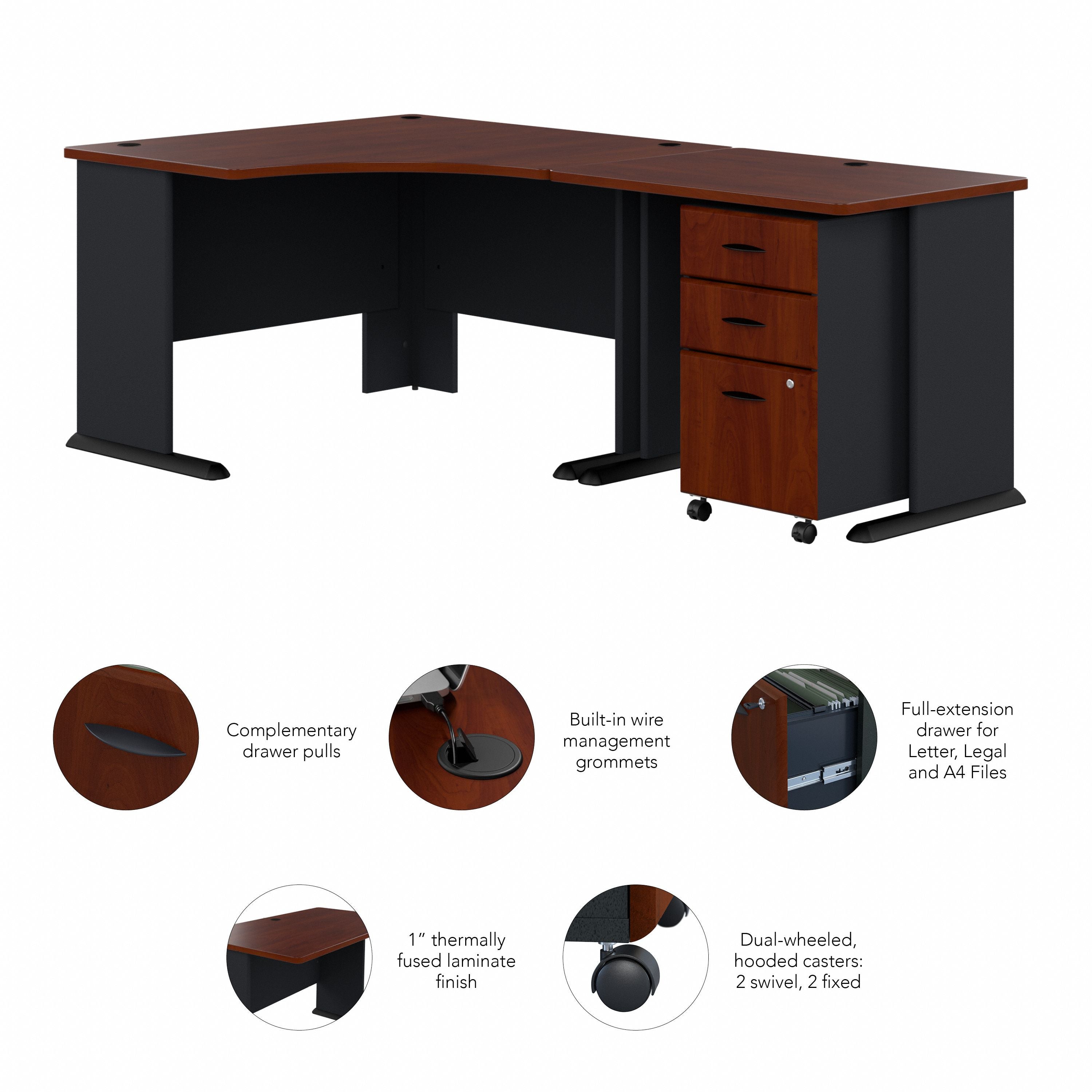 Bush Business Furniture Series A 48W Corner Desk with 36W Return and Mobile File Cabinet in Hansen Cherry and Galaxy - 82.76" Width x 47.17" Depth x 29.66" Height