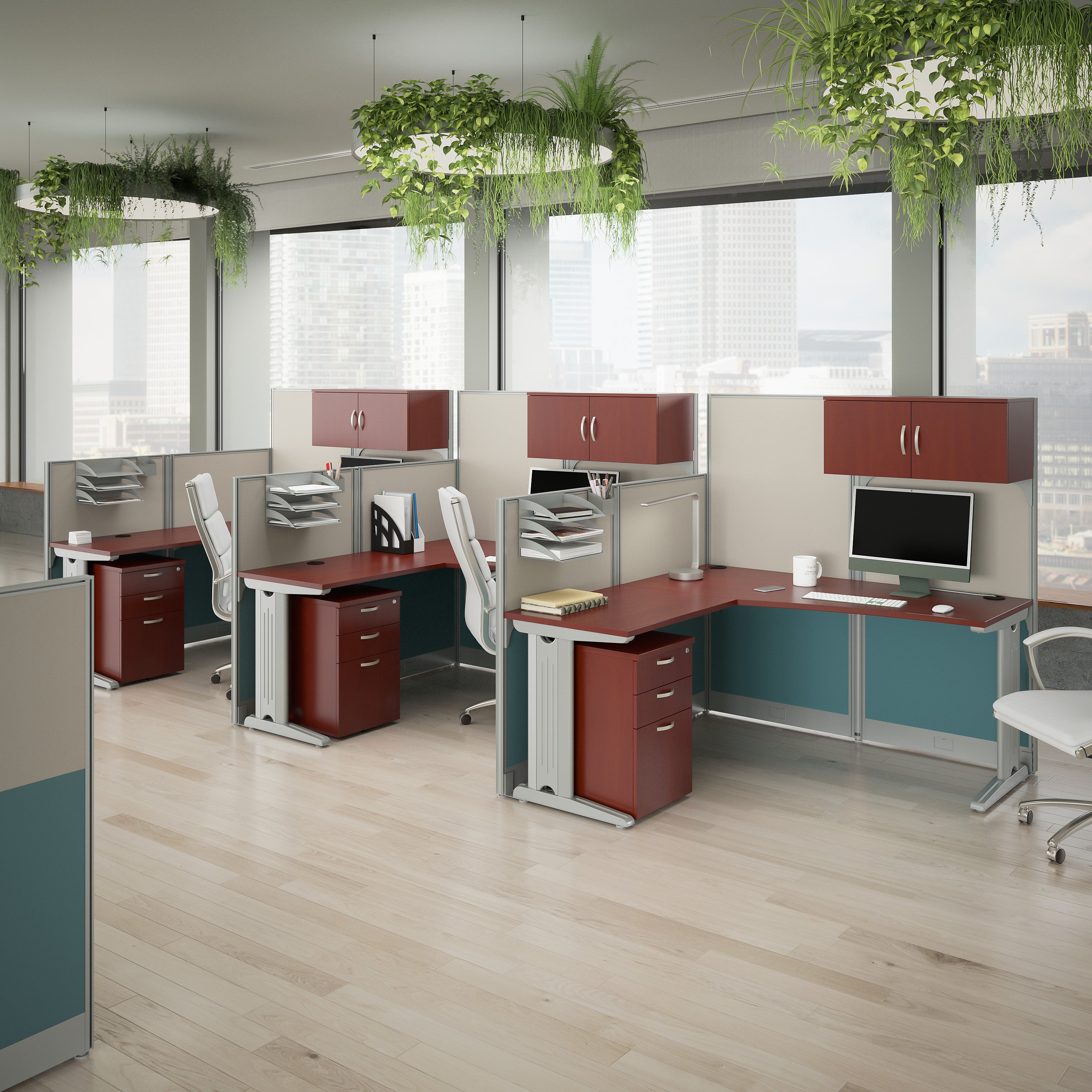 Bush Business Furniture Office in an Hour 3 Person L Shaped Cubicle Desks with Storage, Drawers, and Organizers in Hansen Cherry - 193.47" Width x 64.49" Depth x 62.87" Height