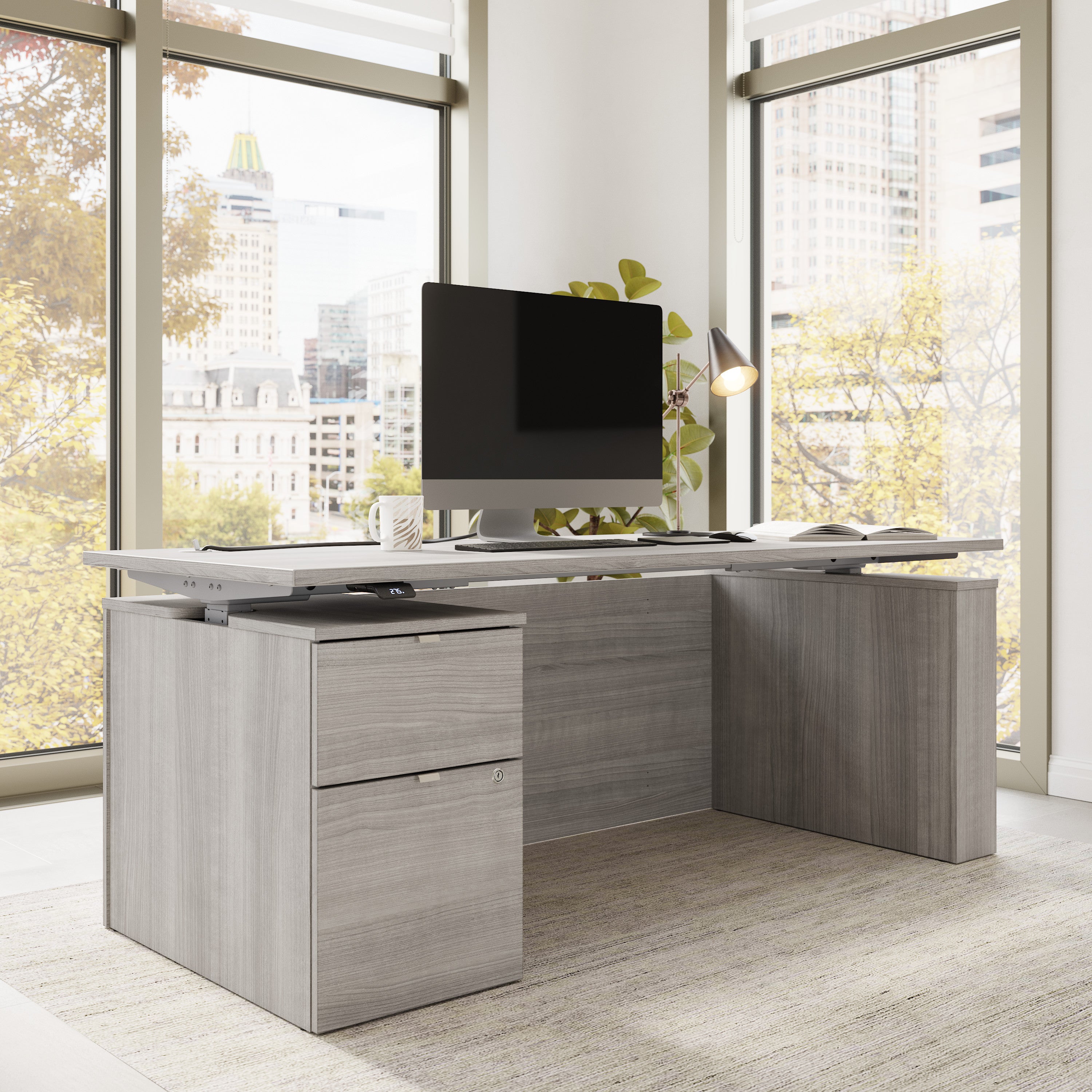 Bush Business Furniture Stratus&nbsp;72W x&nbsp;30D Eletric Height Adjustable Standing Desk with File Cabinet in Platinum Gray with Metallic Gray Base - 71.02" Width x 29.37" Depth x 27.44" Height