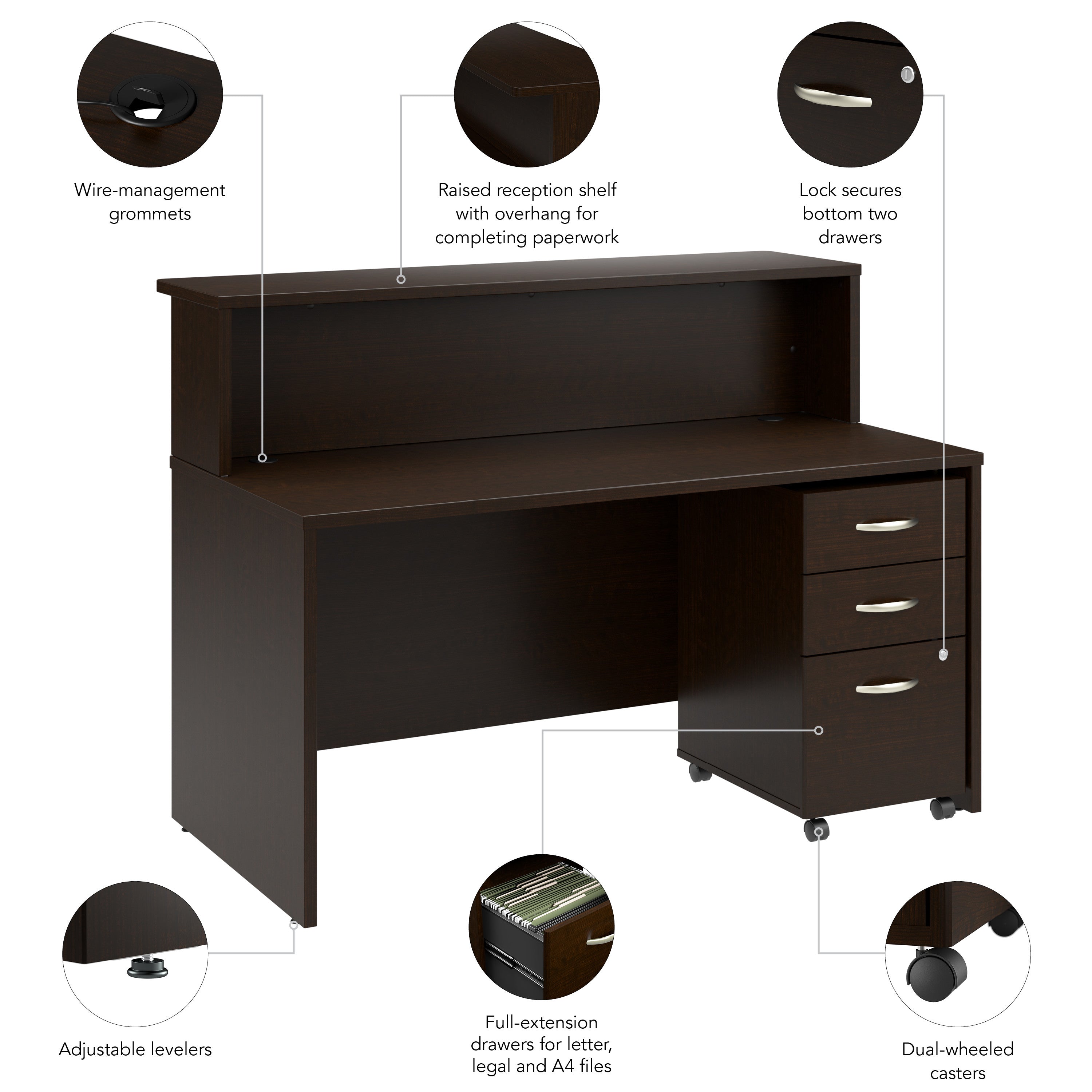 Bush Business Furniture Arrive 60W x 30D Reception Desk with Shelf and Mobile File Cabinet in Mocha Cherry - 59.45" Width x 29.37" Depth x 43.71" Height