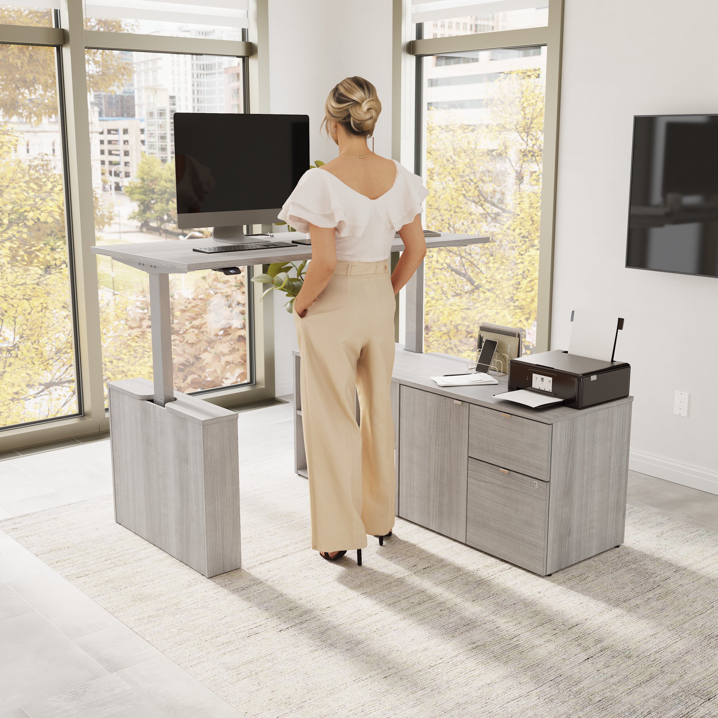 Bush Business Furniture Stratus&nbsp;60W x&nbsp;30D Electric Height Adjustable Standing Desk with Storage in Platinum Gray with Metallic Gray Base - 59.45" Width x 29.37" Depth x 27.44" Height