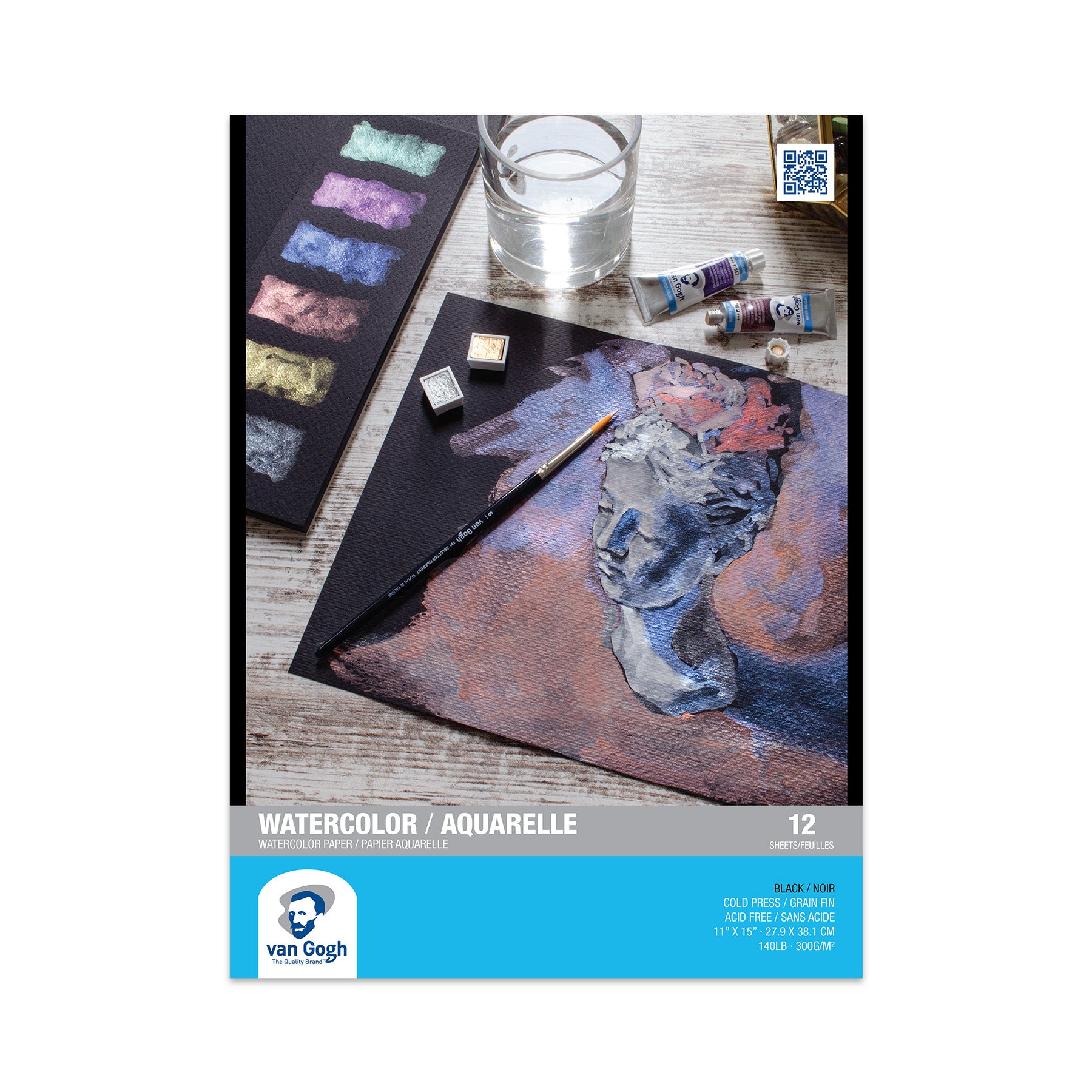 Watercolor Paper Pad, 140lbs, Black, Cold Press, 11" x 15", 12 Sheets