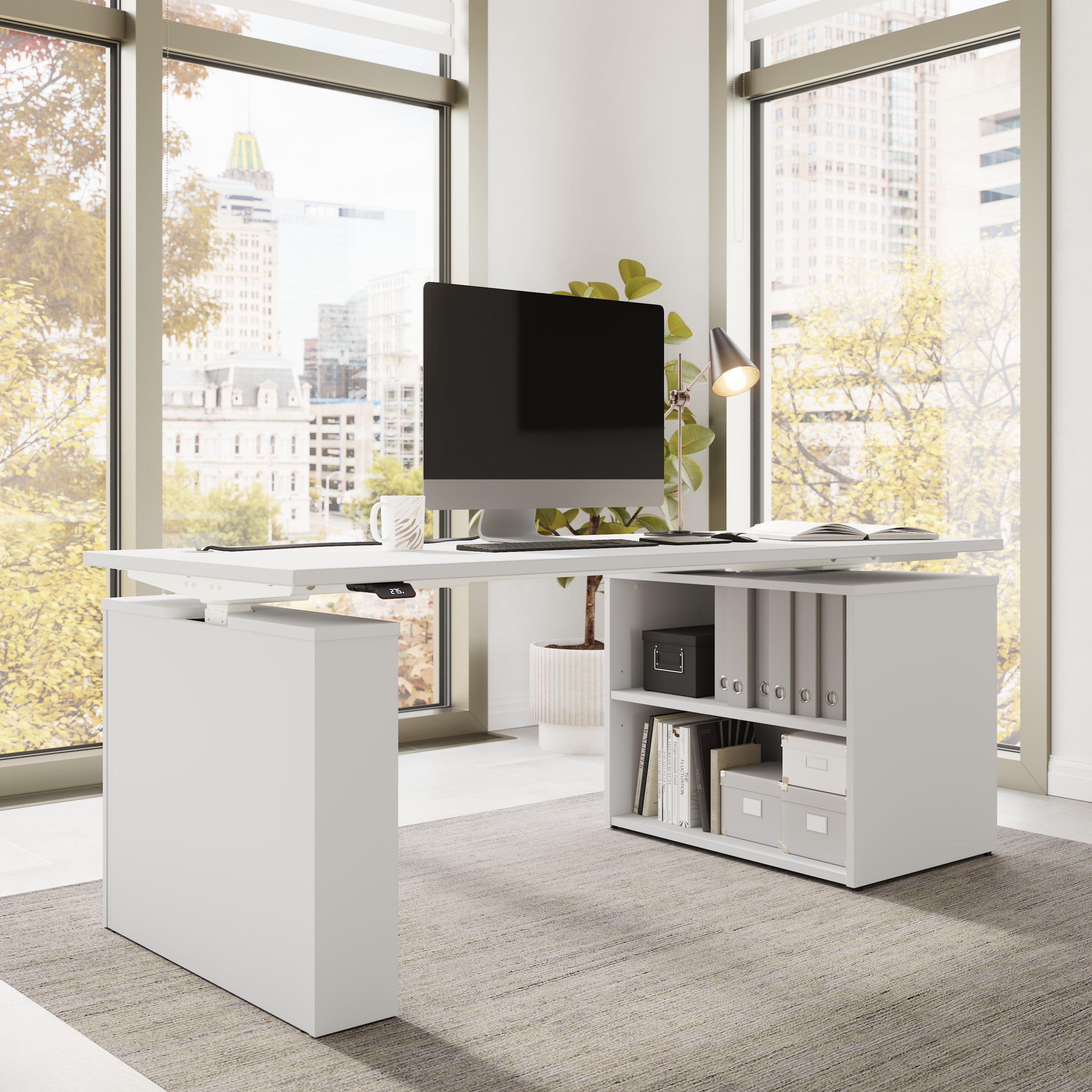 Bush Business Furniture Stratus&nbsp;72W x&nbsp;30D Electric Height Adjustable Standing Desk with Bookcase in White with White Base - 71.02" Width x 29.37" Depth x 27.44" Height