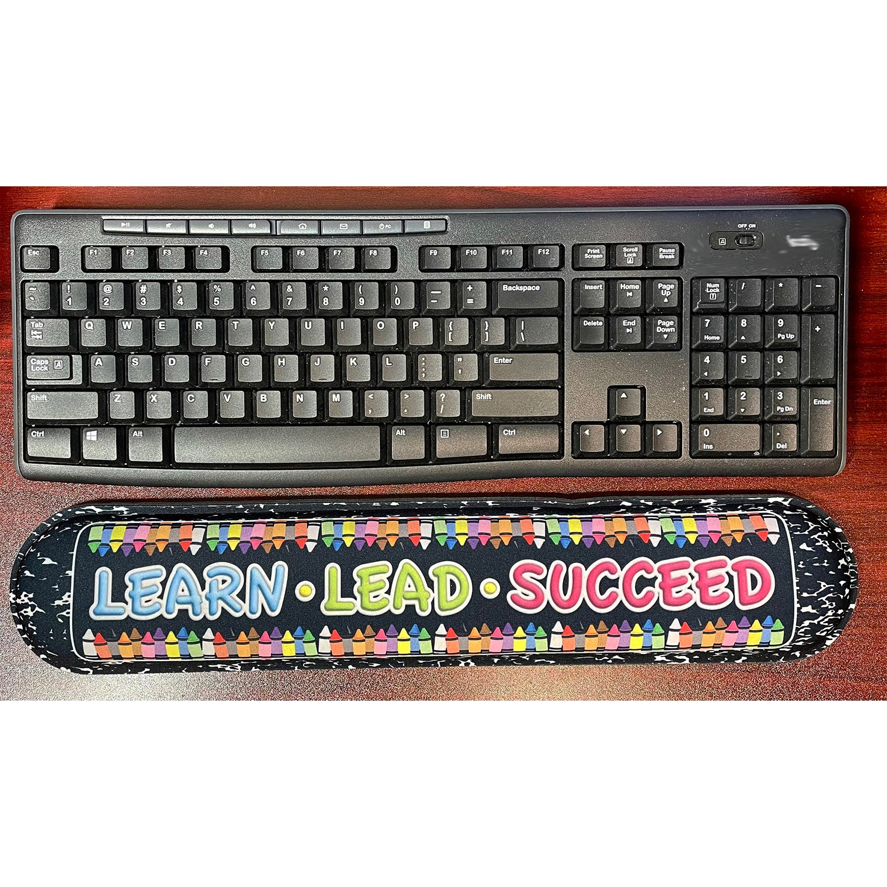 The Original Fun Mat® Computer Desk Mats, Set of 3, (1) Mouse Pad, (1) Keyboard Wrist Pad, (1) Coaster, Learn, Lead, Succeed, Crayon Composition
