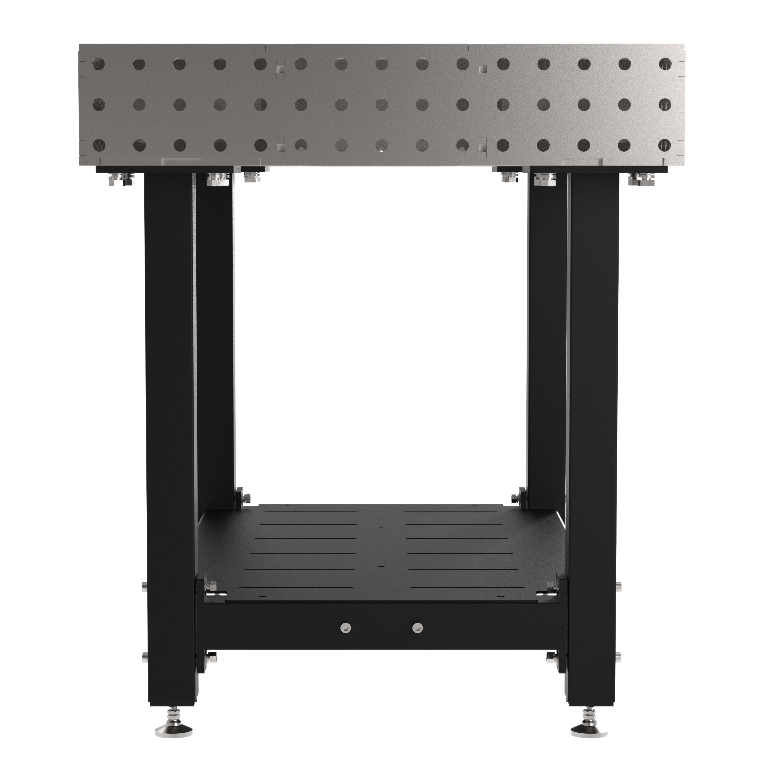 Welding Fixture Table, Fixed Height, 36"H x 48"L x 30"D, 1/4" Carbon Steel Top, Four Black Powdercoat Legs, Shelf, Self-Leveling Feet