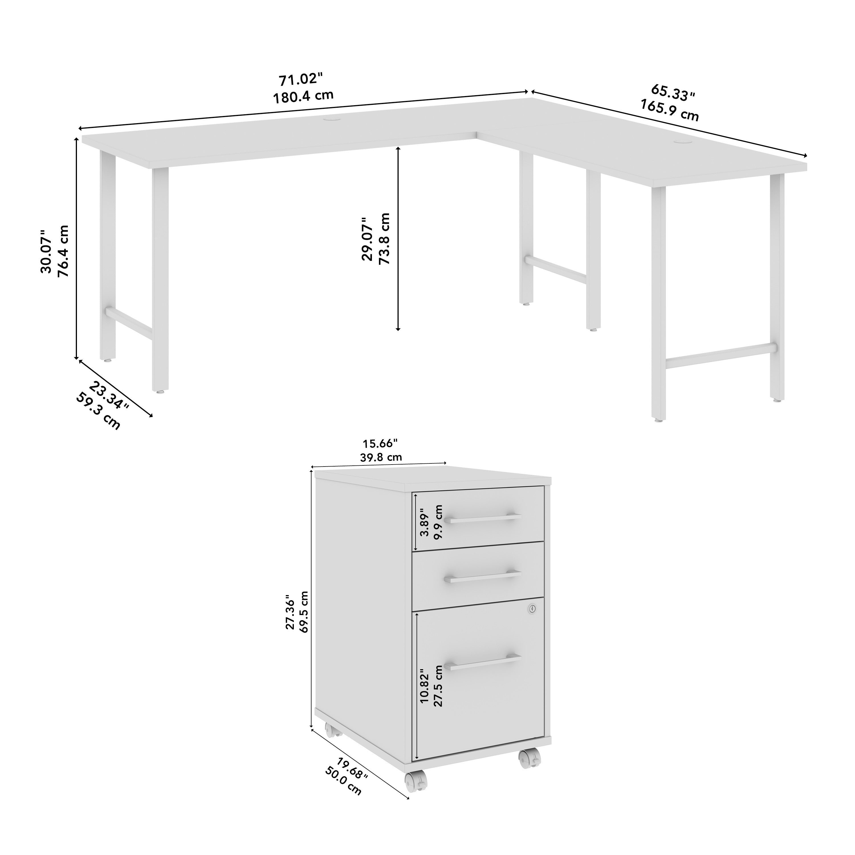 Bush Business Furniture Hustle 72W x 24D L Shaped Computer Desk with 3 Drawer Mobile File Cabinet in White - 71.02" Width x 65.3" Depth x 30.07" Height