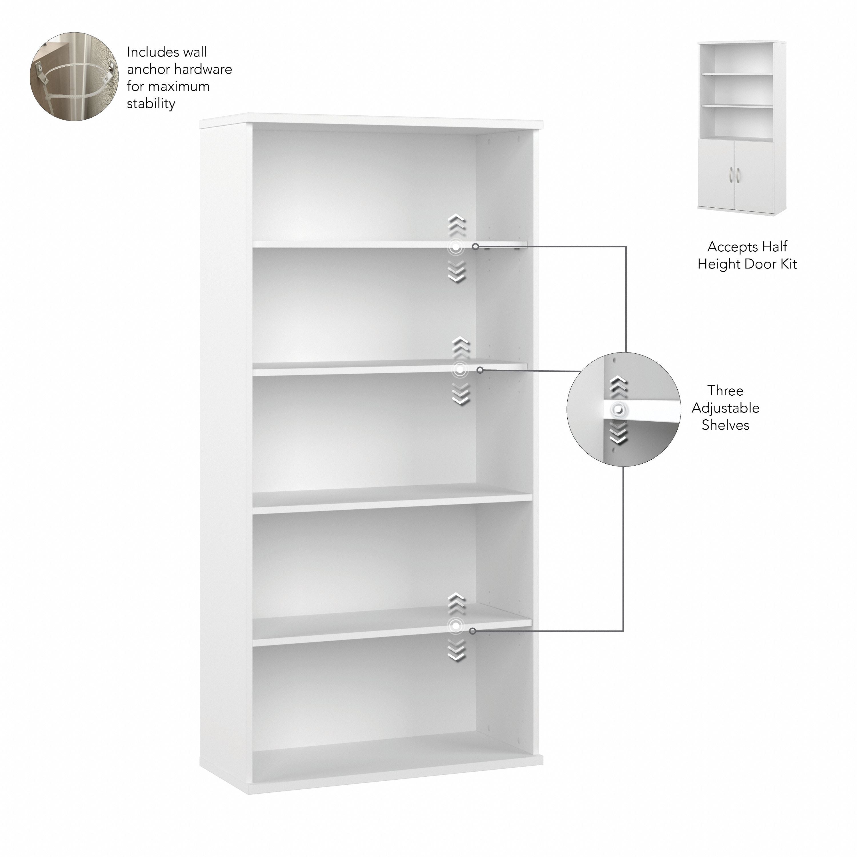 Bush Business Furniture Hybrid Tall 5 Shelf Bookcase with Doors in White - 35.71" Width x 15.43" Depth x 72.8" Height